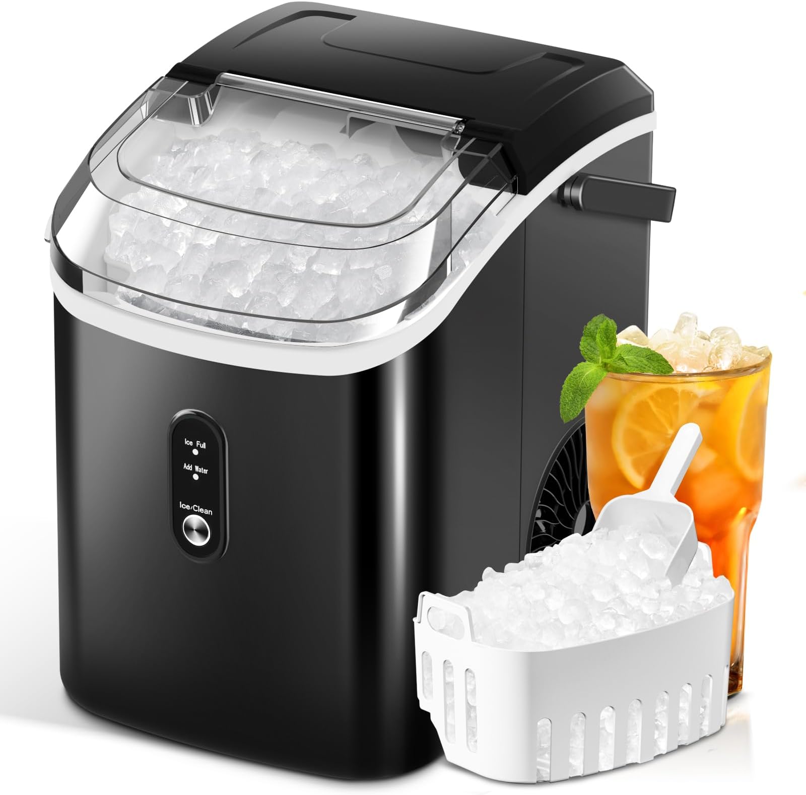Nugget Ice Makers Countertop with Soft Chewable Pellet Ice, Pebble Ice Maker Machine with Self-Cleaning, 35Lbs/24Hrs, One-Click Operation, Ice Basket/Ice Scoop for Home/Office/Bar/Party, Black