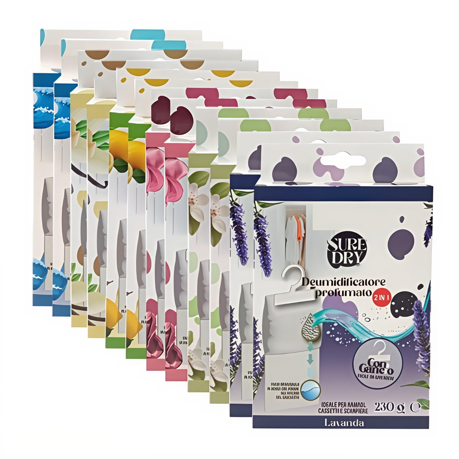 Deumidificatore Casa Profumato – Set da 12 Sacchetti Assorbi Umidità Armadio Appendibili 500ml | Antimuffa per Armadi, Cassetti, Camper Profumatori per Ambienti Chiusi – 6 Fragranze
