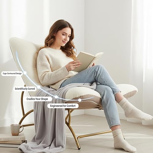 Miniatura 4 de Tiita - Silla decorativa perezosa, cómoda con estructura metálica y tela de felpa, silla reclinable espaciosa y acogedora para sala de lectura, sala