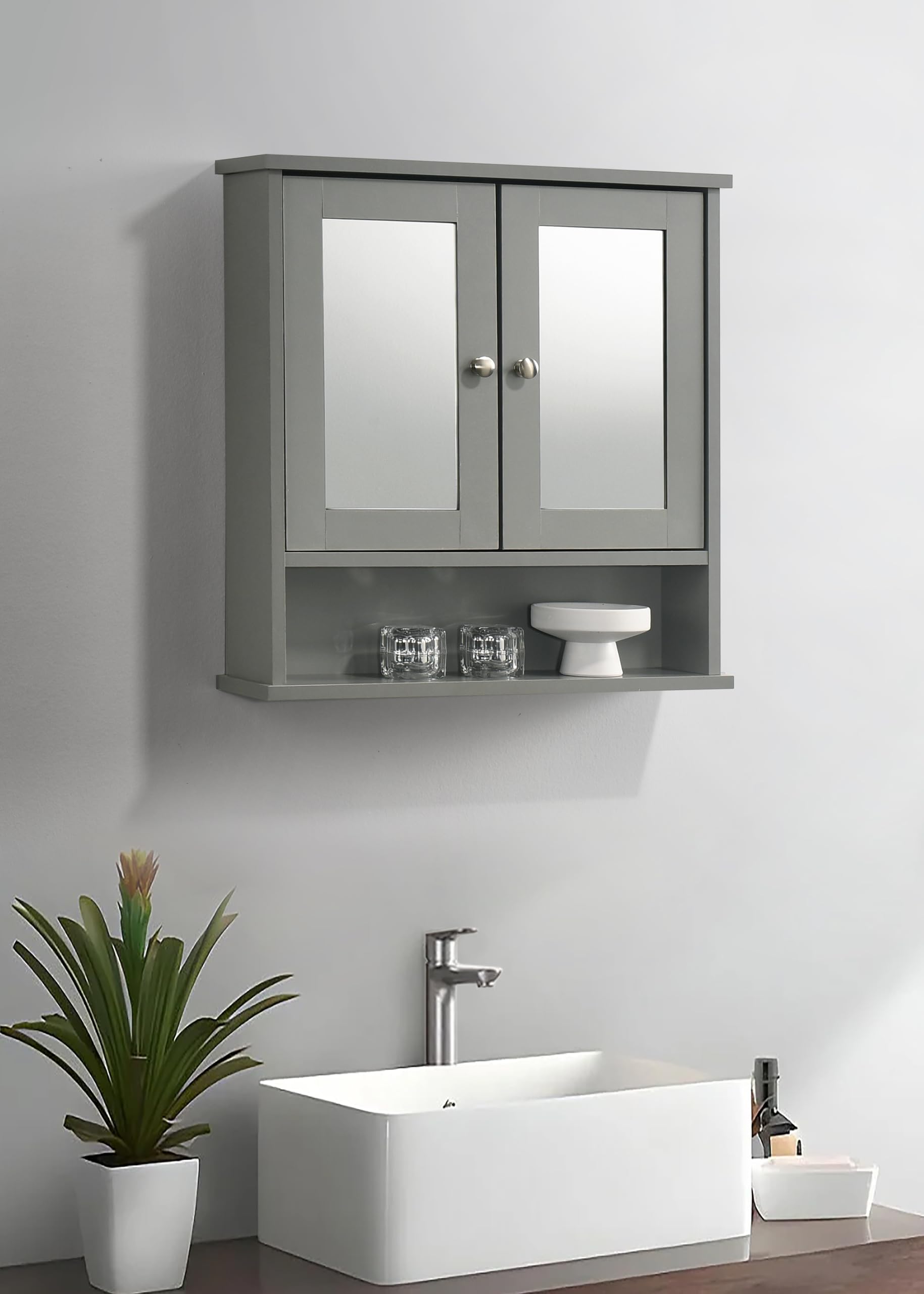 Timber Art Design UK Bathroom Mirror Cabinet with 2 Shelves Wall-Mounted Grey – Modern Storage for Bathroom Compact & Stylish Mirror Cabinet Space-Saving Organizer