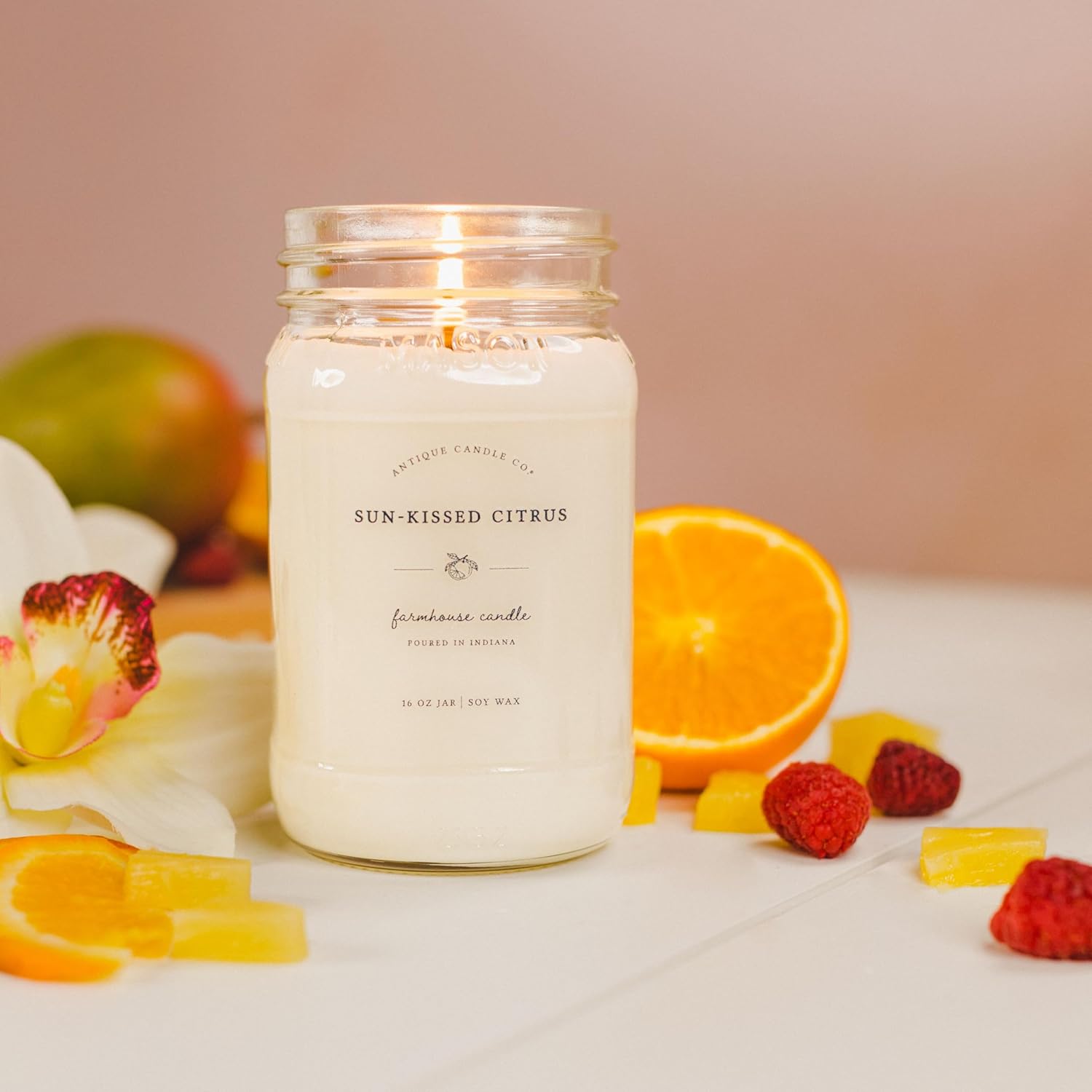 Antique Candle Co.® 16 Ounce Soy Wax Candle, 80 Hour Burn Time, Cotton Wick, Mason Jar Candle (Sun Kissed Citrus)
