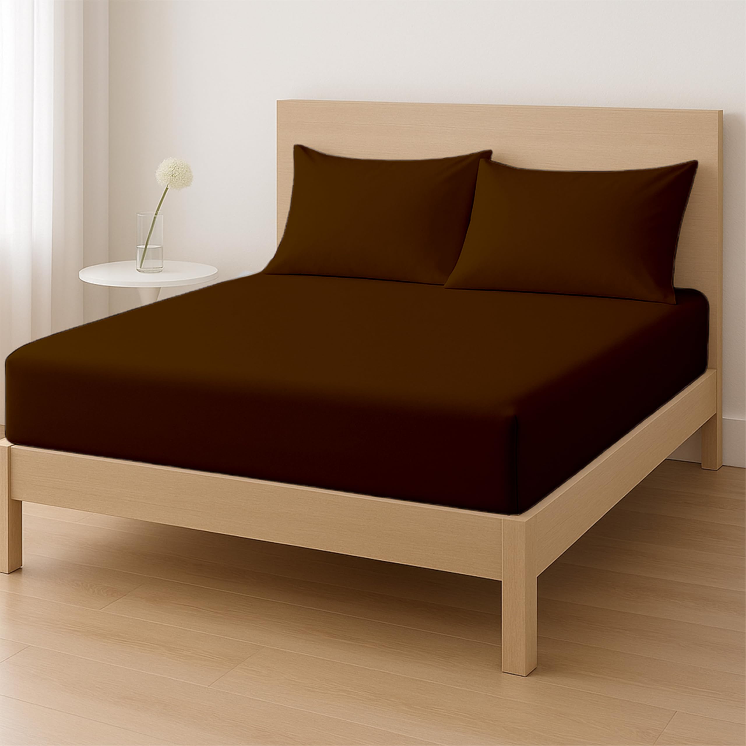 Rohi Single Fitted Sheet Set – 25cm Deep with Elasticated Corners – Soft & Breathable Cotton Blend Fitted Sheet with Pillowcases – Shrink & Fade Resistant – Single Bed Sheet Set (Chocolate, Single)