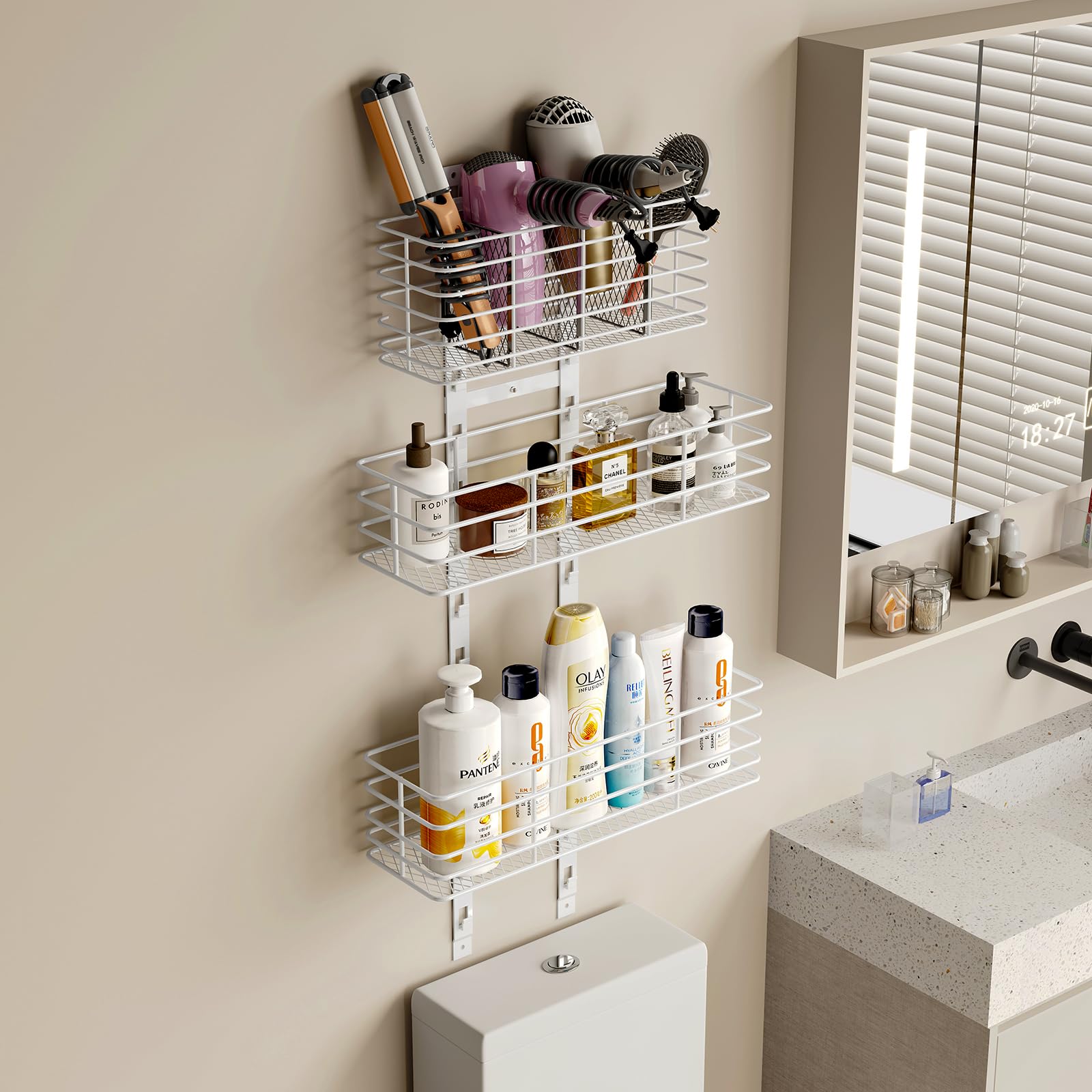 Organizador de 5 niveles sobre la puerta, estantes de baño, organizador de herramientas para el cabello, soporte para secador de pelo, altura ajustable, estante de almacenamiento de baño de 4