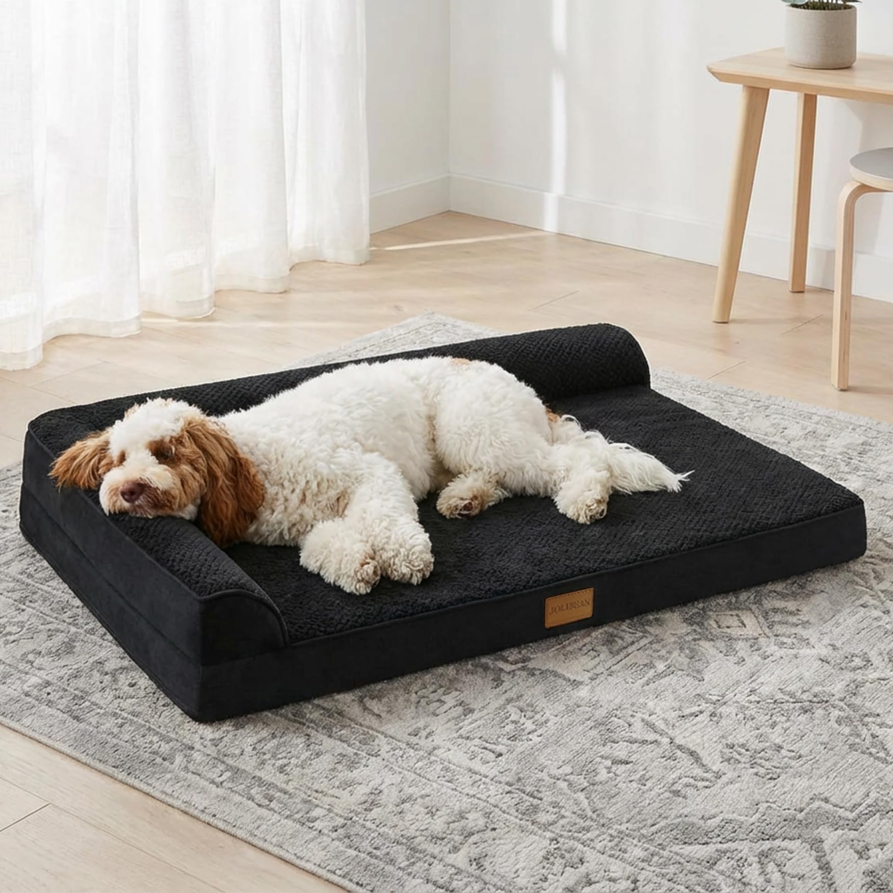 Jolibean Orthopedic Jacquard Dog Bed for Medium Dogs 76x51cm, Waterproof L Shaped Medium Pet Sofa Bed with Washable Removable Cover, Non-Slip Soft Warm Comfortable Pet Couch Sleep Mat, Black