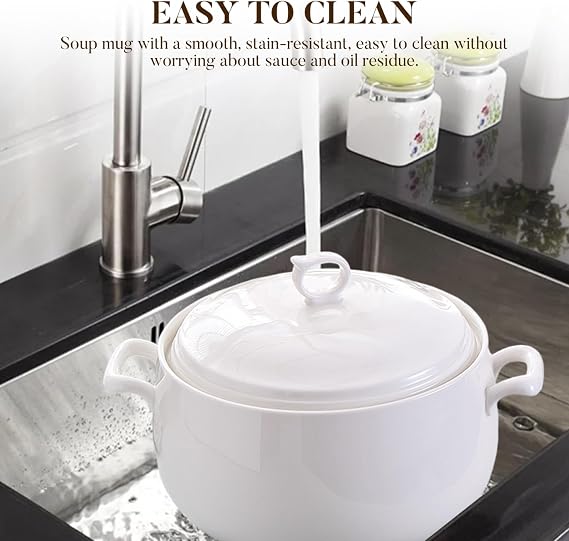 Soup Tureen 3000ml Round Ceramic Serving Bowls with Lids Heat-Resistant Soup Bowls with Handles Microwave Safe for Restaurant Home Kitchen