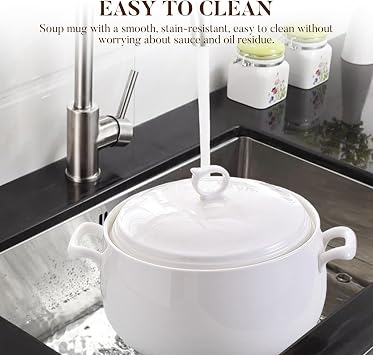 Soup Tureen 3000ml Round Ceramic Serving Bowls with Lids Heat-Resistant Soup Bowls with Handles Microwave Safe for Restaurant Home Kitchen