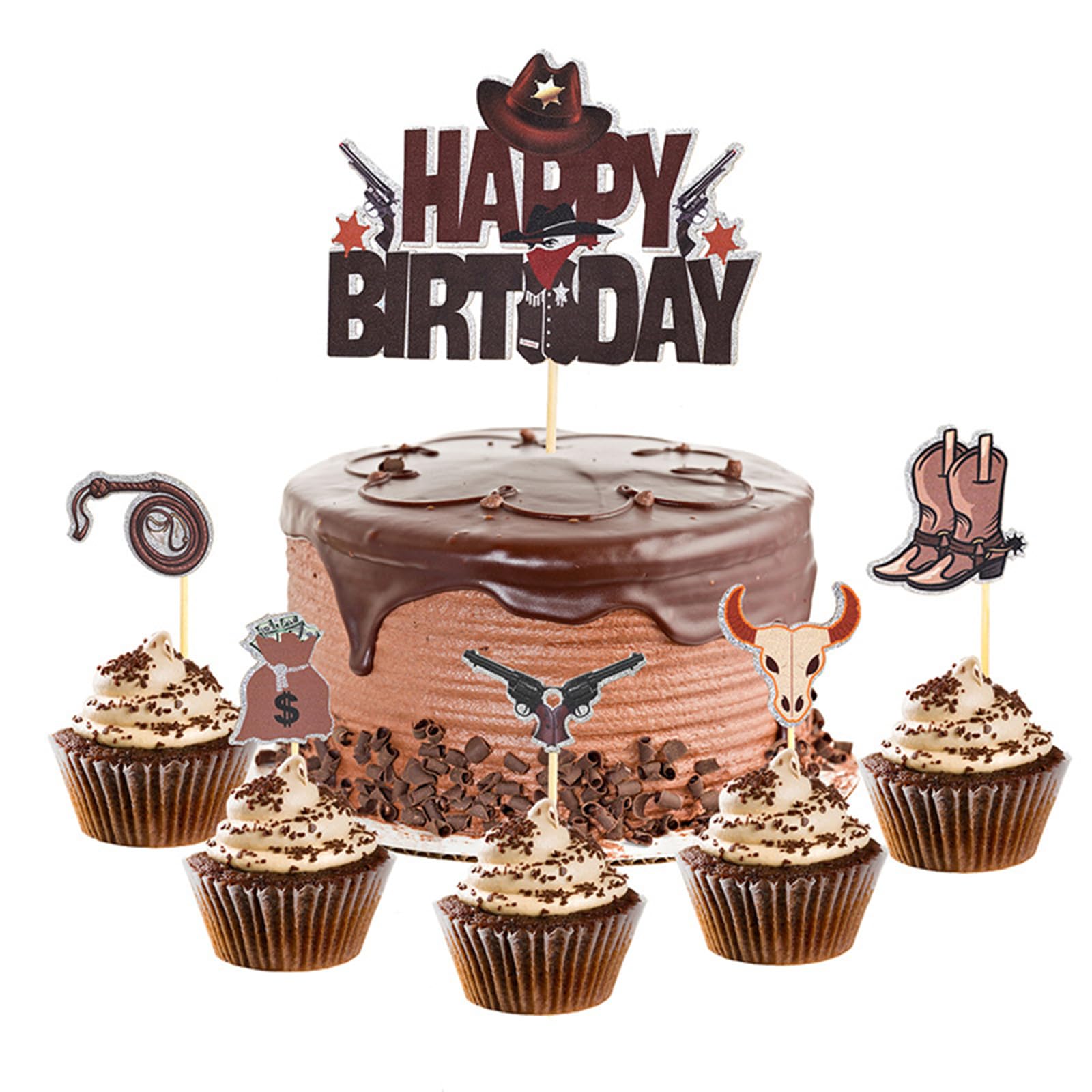 21pcs Cowboy Cake Toppers, Cowboy Cake Decorations for Kids Birthday Party, Kids Cowboy Hat Toppers with Western Cowboys Guns Boots Bull Skull Design, Western Birthday Cake Topper