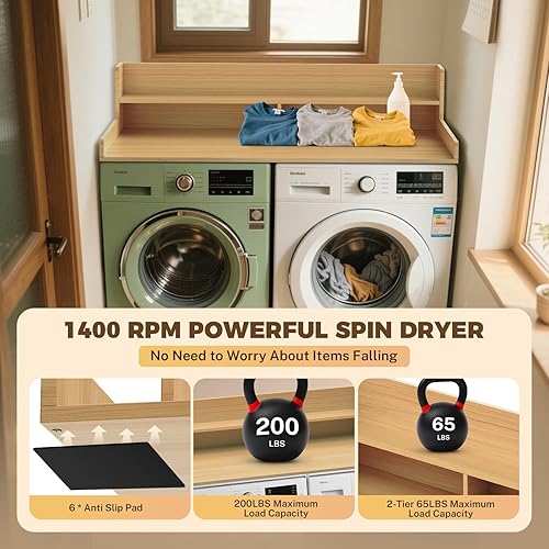 Miniatura 5 de FAHKNS Lavadora y secadora de 2 niveles para encimera, cubierta de lavandería de madera maciza con alfombrilla antideslizante, 54 pulgadas de ancho,
