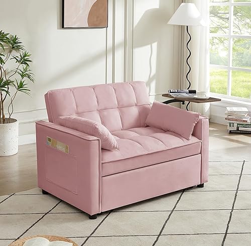 Miniatura 4 de hansones Sofá cama 3 en 1, sofá cama convertible extraíble, asiento de dos plazas con mesa auxiliar giratoria, tela de terciopelo moderna, ideal