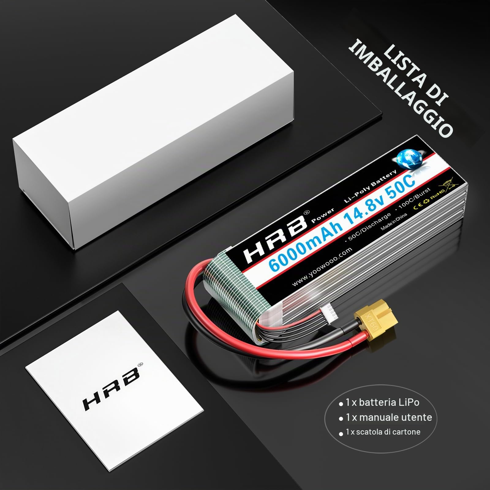 HRB 14.8V 6000mAh 4S Lipo Battery Pack 50C con XT60 Plug per RC aereo, RC elicottero, RC auto, RC camion, RC barca CondizioneTipo