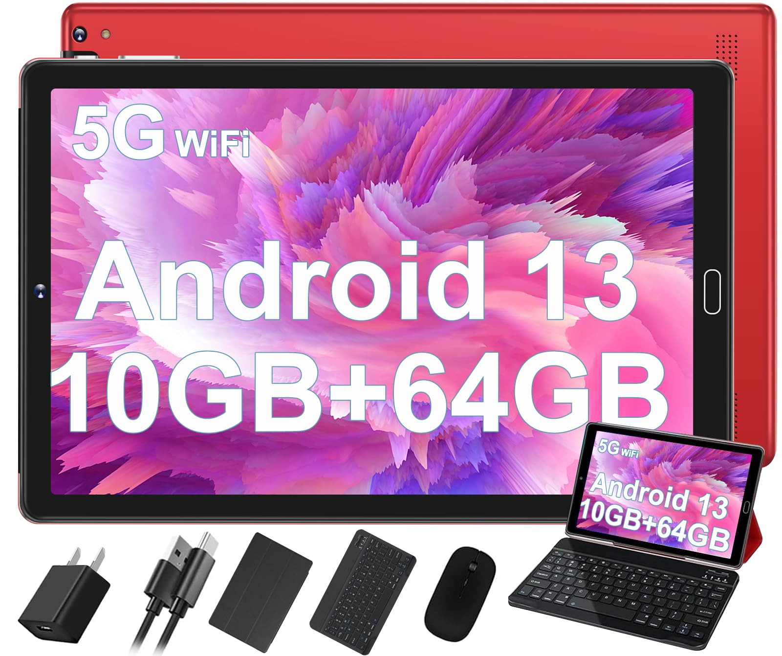 GOODTEL Tablet Android 13 da 10 pollici 10GB RAM + 64GB ROM (1TB TF)| 5G + 2.4G WiFi| GPS | Bluetooth 5.0 | 8MP + 5MP | Touch Tablet con custodia, tastiera e mouse (Rosso)