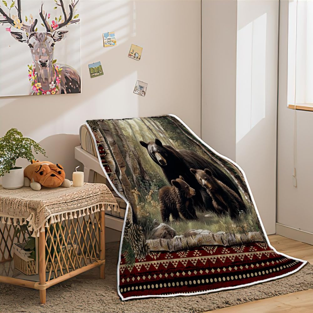 Cabin Throw Blankets, Rustic Farmhouse Hunting Deer Bear Sports Cozy Warm Bed Couch Blanket, Country Wooden Hunting Camping Forest White Fleece Flannel Throws to Decorate The Room and Bedroom - Image 2
