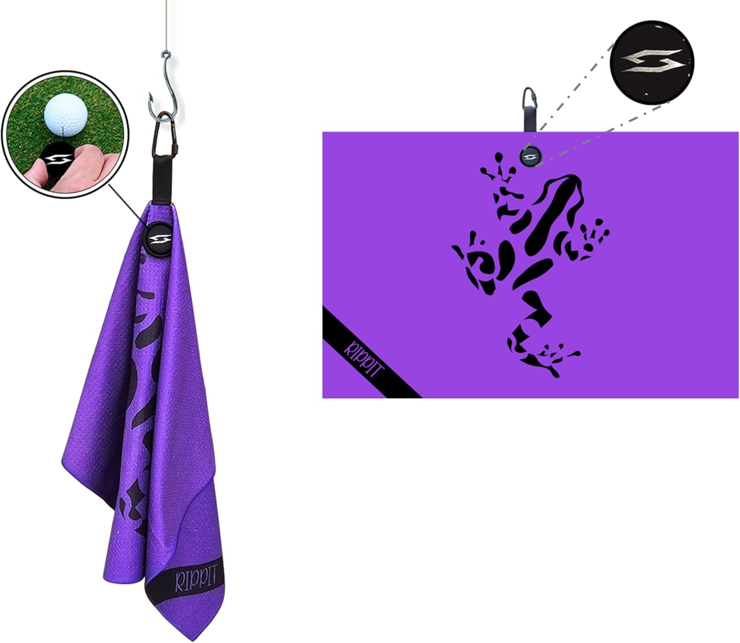Magnetic Microfiber Waffle Frog Golf Towel – Large 16"x24" Clean Golf Club Ball Magnet Clip Hang Bag Cart Strong Premium Strength Ultra Absorbent Gear Purple Men (Rippit Purple) - Image 2