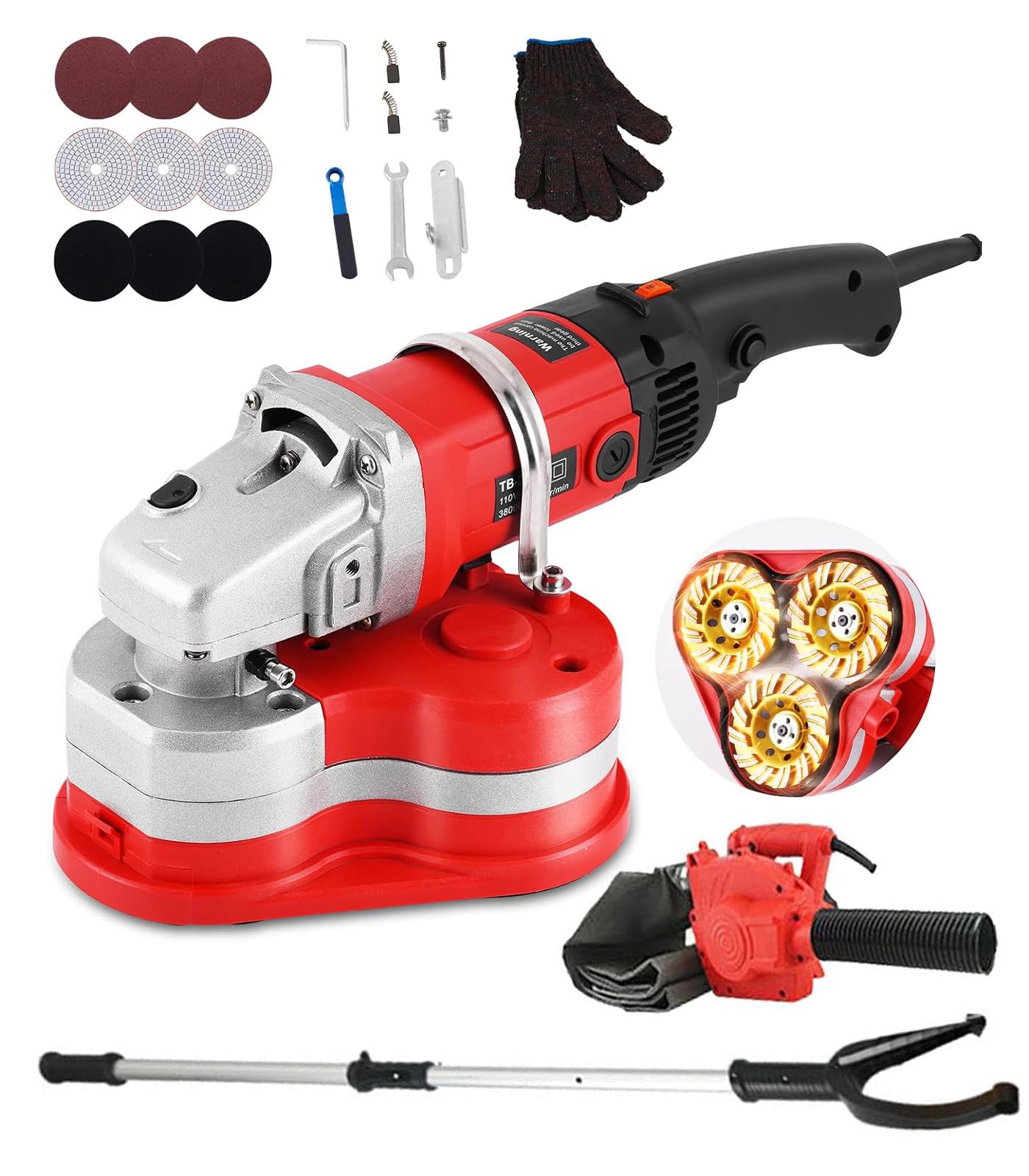 Kindevieft Electric Diamond Polisher - 3 Diamond Grinding Wheels Mainunit+vacuumcleaner+extensionrod