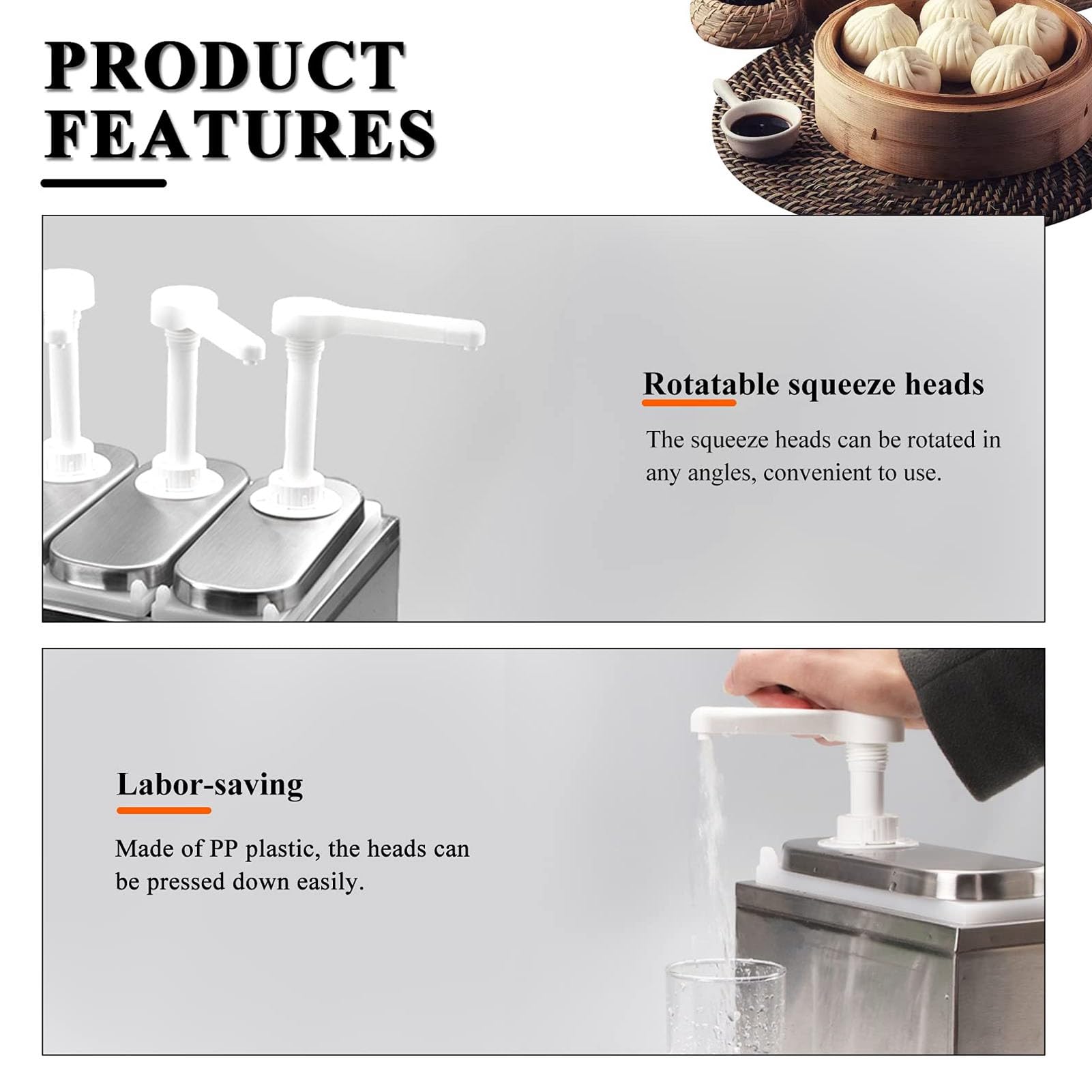 Sauce Dispenser Pumpe, Edelstahl Gewürz Station Flüssigkeit große Kapazität Lagerung Eimer Geschirr Nachfüllung Squeeze Korbtop für Ketchup, Salatdressings, Grillsauce (2-Liter-Dreifachpumpe)