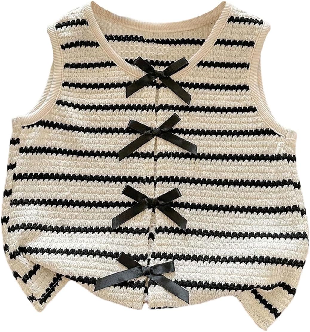 WDIRARA Toddler Girl's Striped Bow Knit Tank Tops Crew Neck Sleeveless Cute Tops