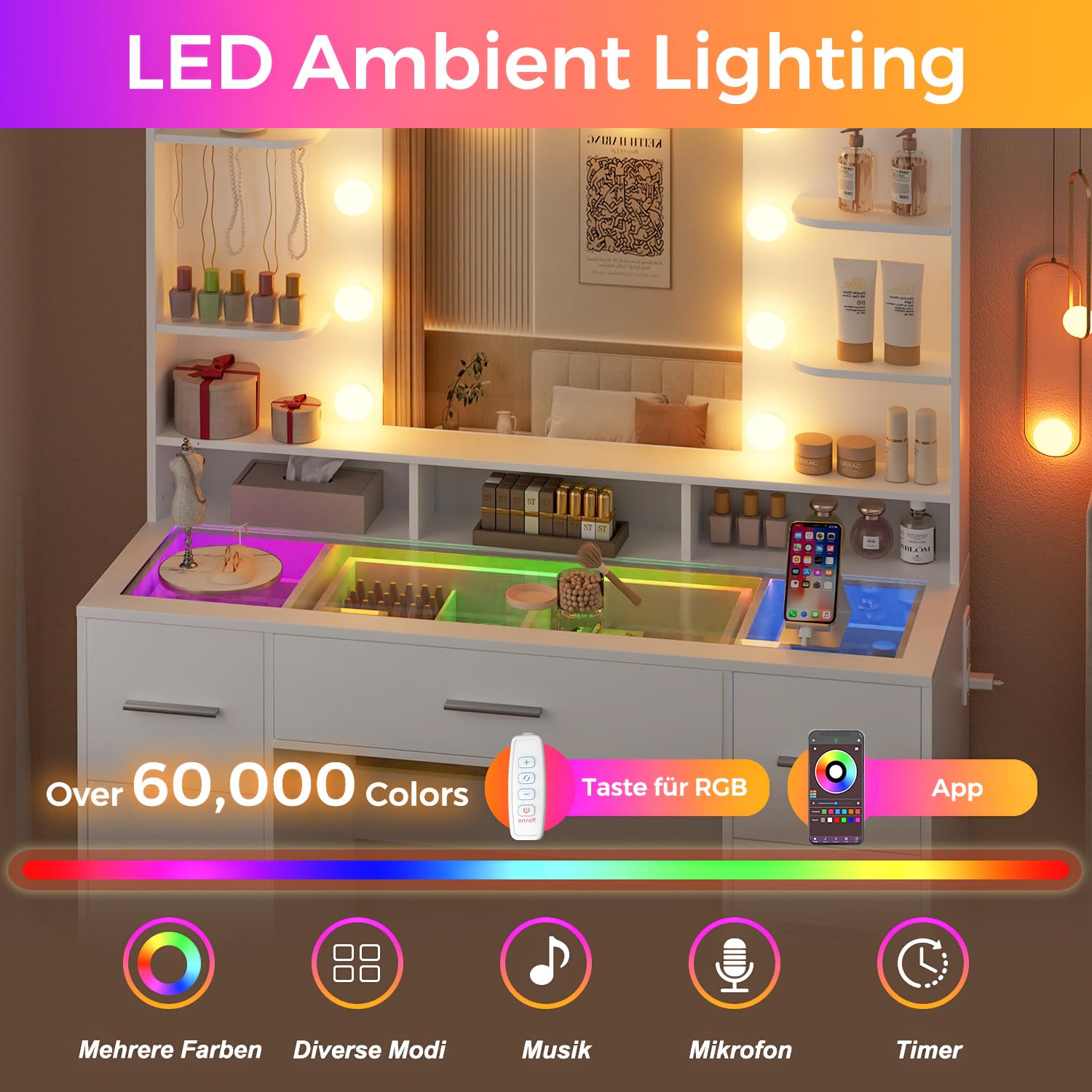 Schminktisch mit LED-Beleuchtung & großem Spiegel – Kosmetik- & Frisiertisch, dimmbar, USB-Ladestation, verstellbare Ablagen, große Schublade, für Schlafzimmer