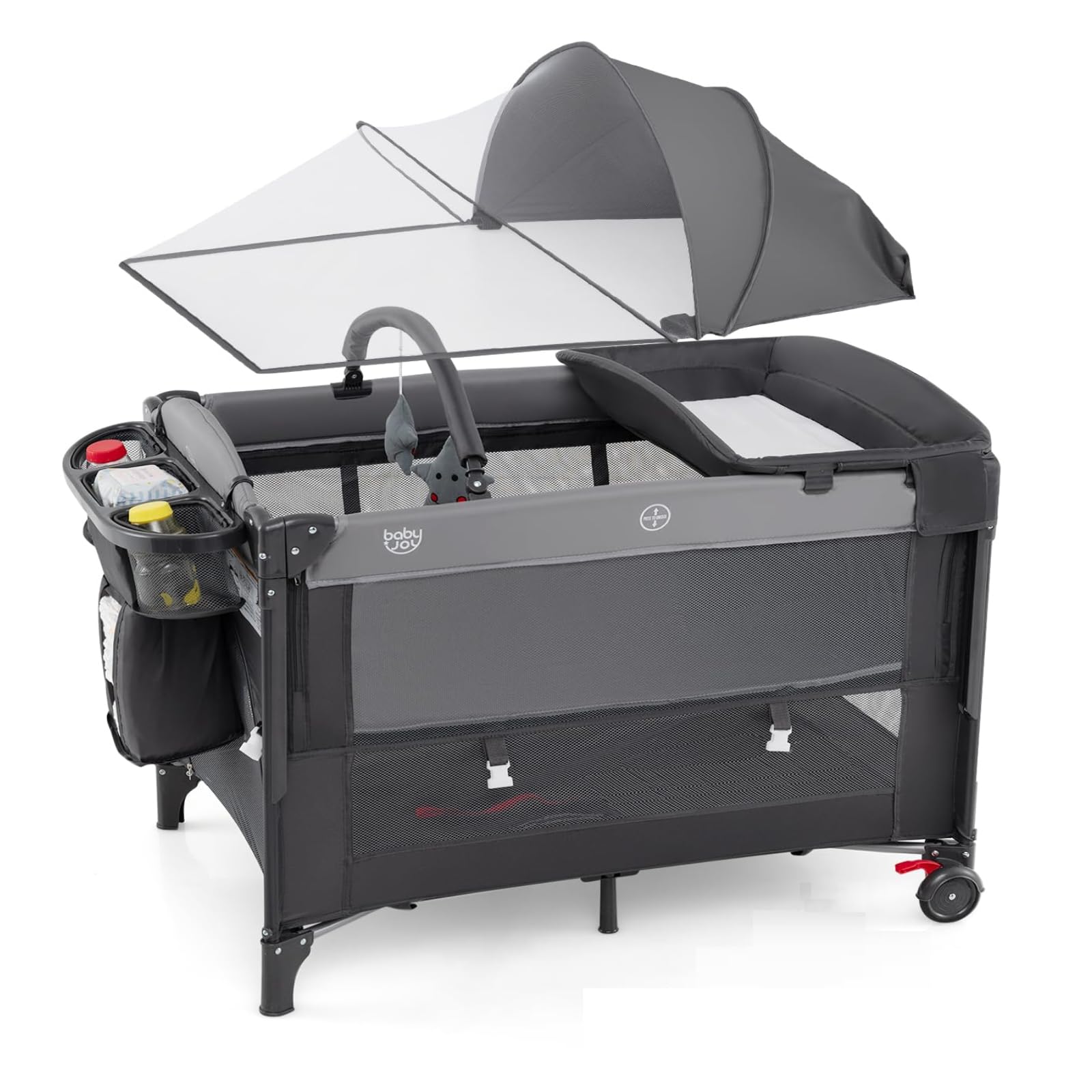 BABY JOY 5-in-1 Pack and Play with Canopy, 4 Level Heights Baby Bedside Sleeper w/Bassinet, U-Shaped Changing Table, Safety Strap, Side Zipper,