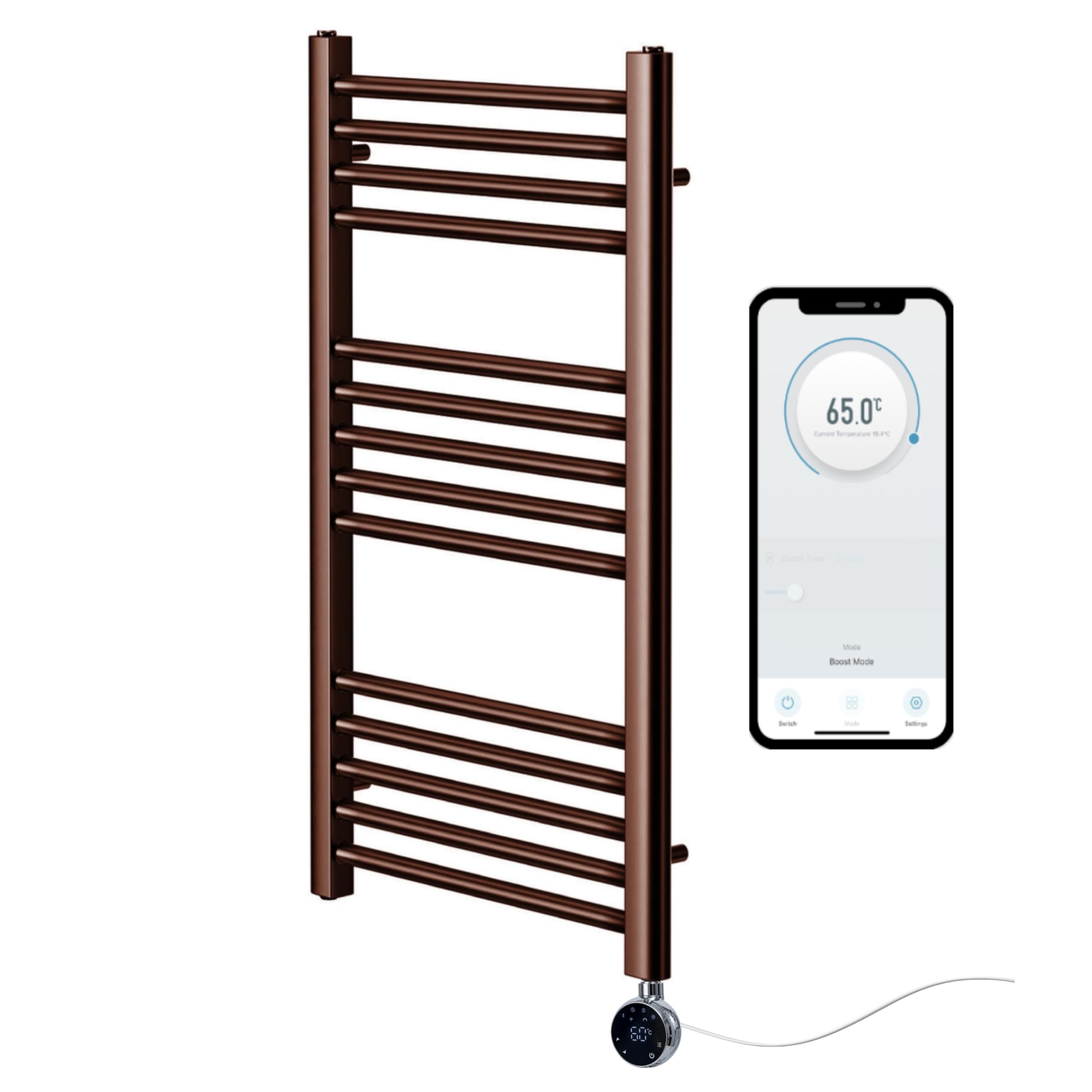 Greened House Brushed Bronze Electric WiFi Towel Rail 400mm W x 800mm H