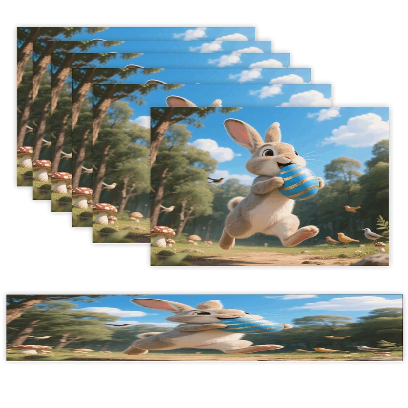 Bunny Egg Table Runner and Placemats Set of 7 Linen Table Mat Non-Slip Place Mats Washable Placemat Heat Resistant Place Mat with Table Runner for Party Dining Decor