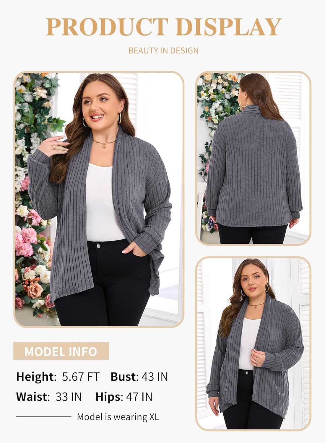 Eytino Womens Plus Size Cardigans Long Sleeve Asymmetrical Knit Open Front Lightweight Cardigan Outwear(1X-5X) - Image 3
