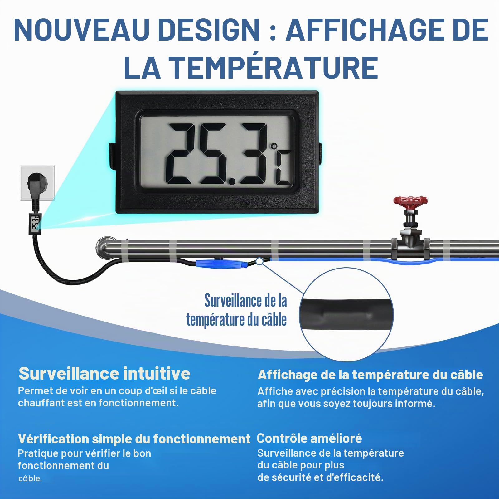 Câble chauffant antigel 18M 16W/M 230V IP68 avec thermostat affichage température tuyauterie