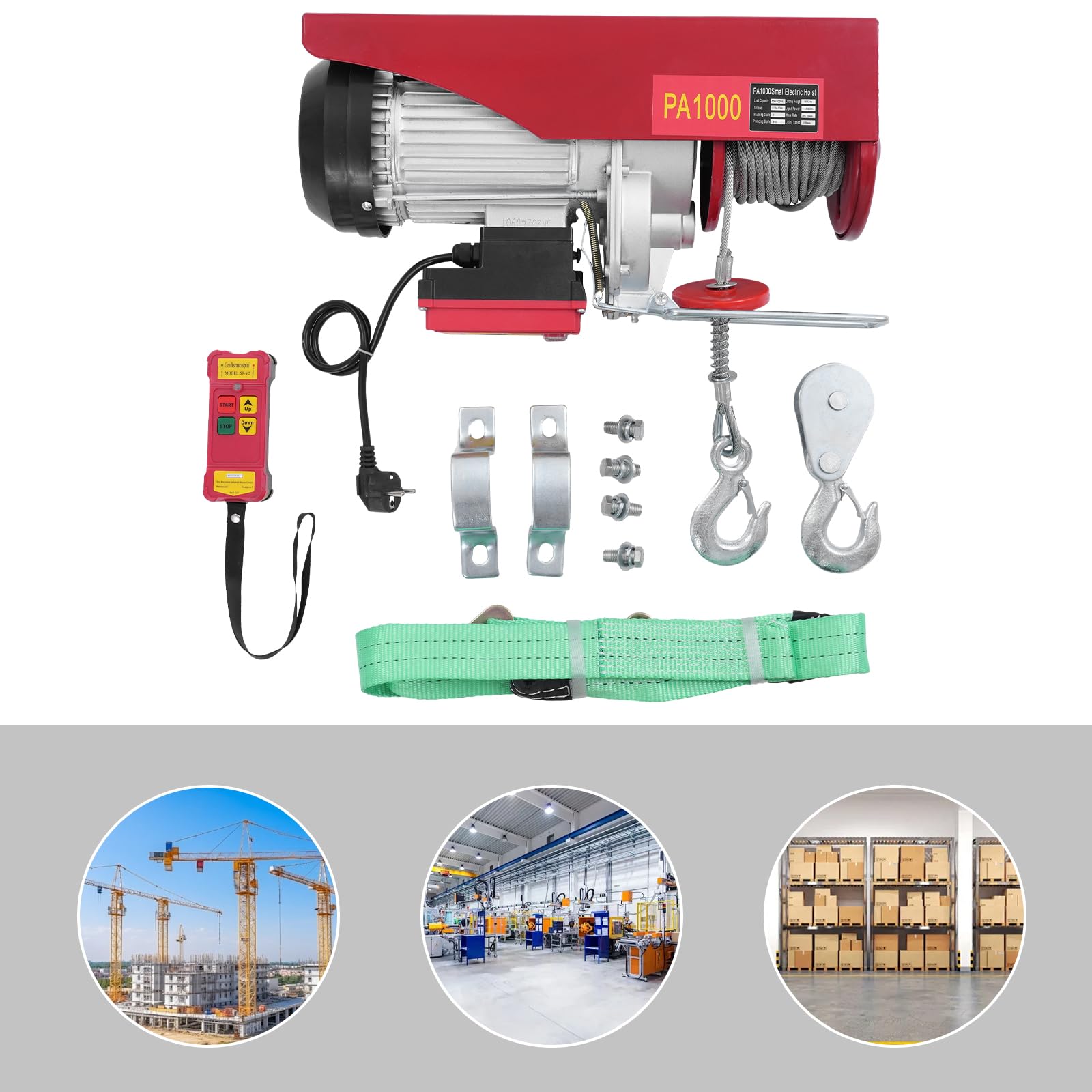 Verricello elettrico da 1800 W con telecomando, paranco a catena 2 in 1 (1000 kg/6 m e 500 kg/12 m), robusto rivestimento di sollevamento per costruzione e magazzino