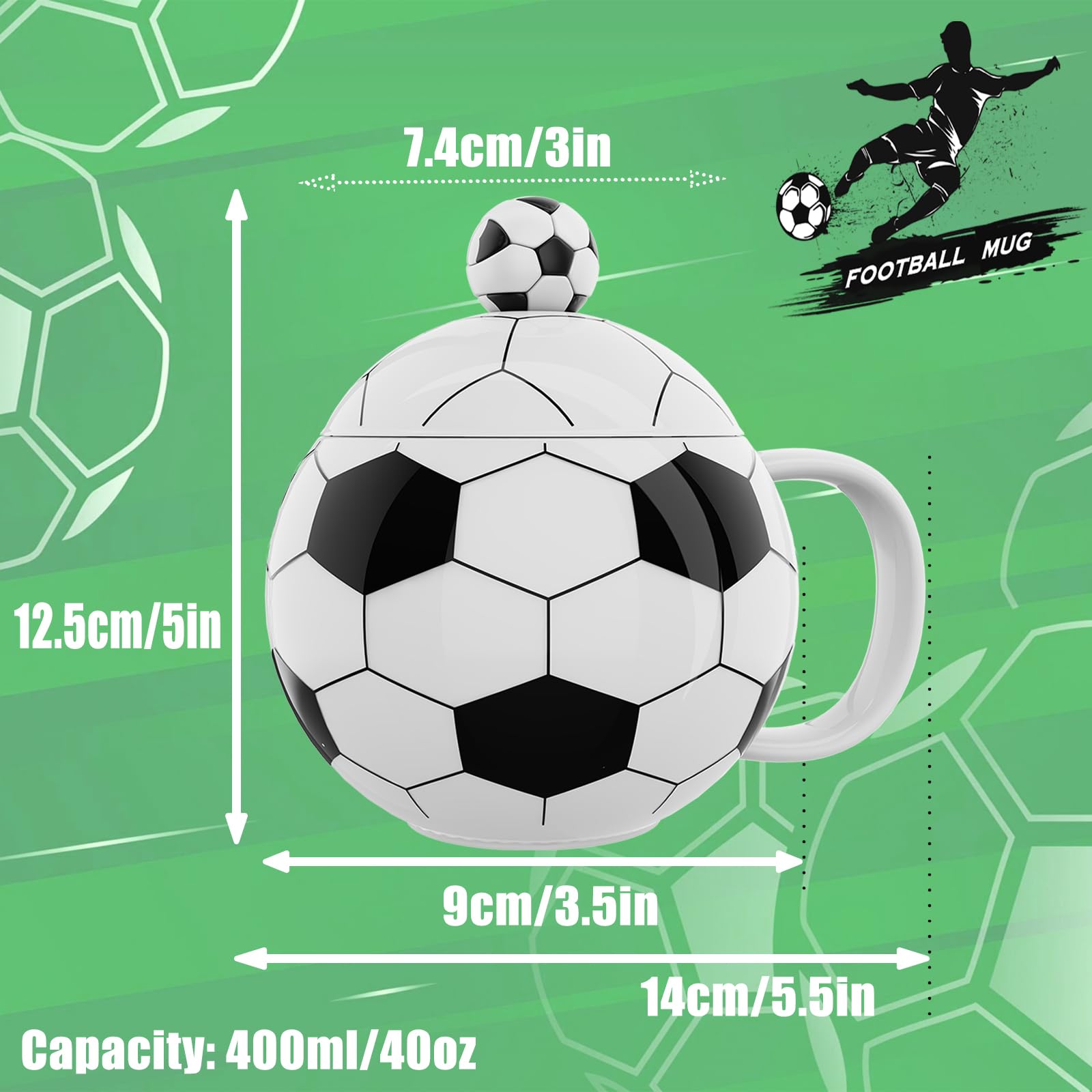 ZONSUSE Football Coffee Mug, Creative Spherical Ceramic Cup, Funny Soccer Mug, with Lid, for Coffee Milk, Juice - Image 3
