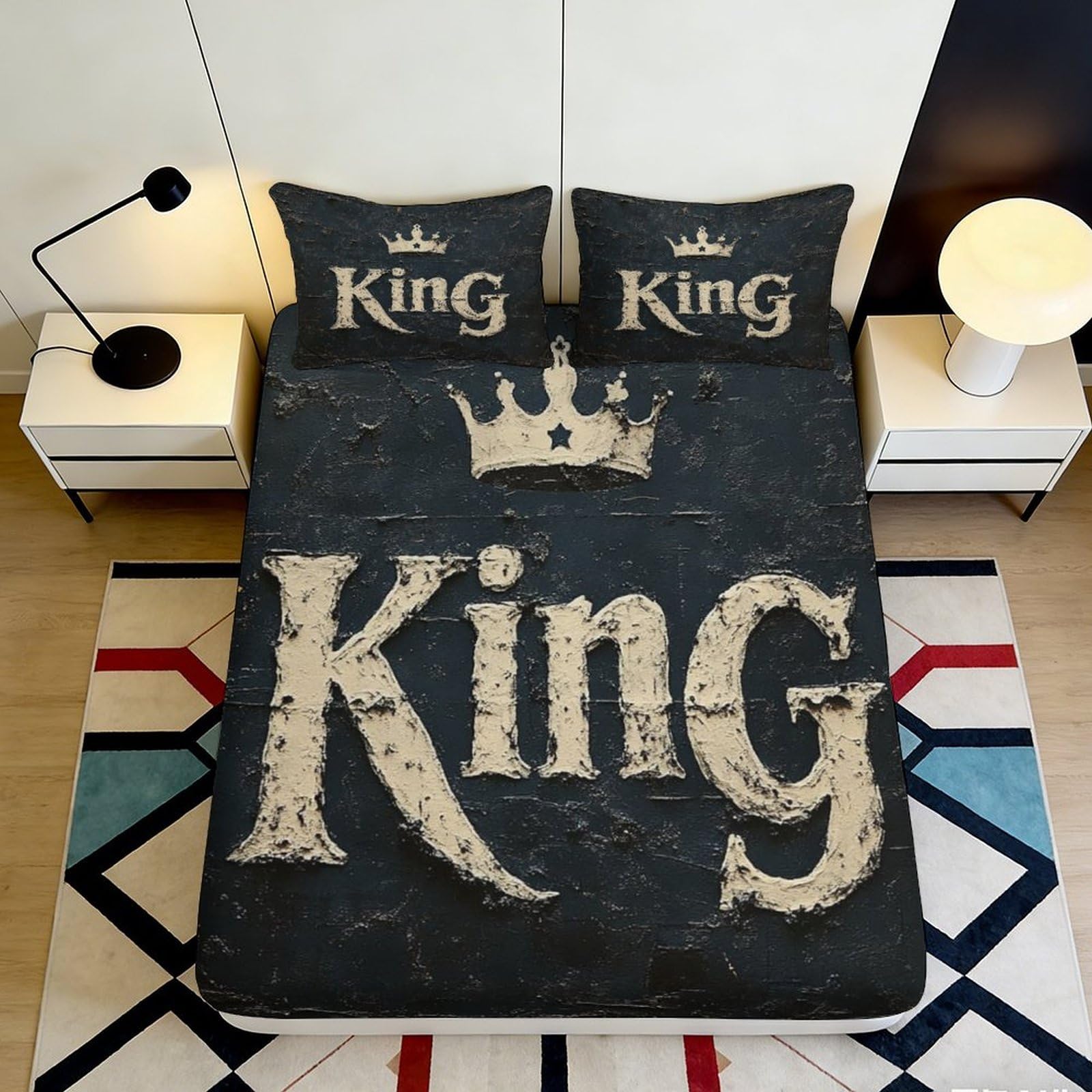 3D Printed Crown King Fitted Sheet Microfiber Soft Black Bed Cover for Bedroom Guest Room Decor Dustproof Washable 90x200x25cm