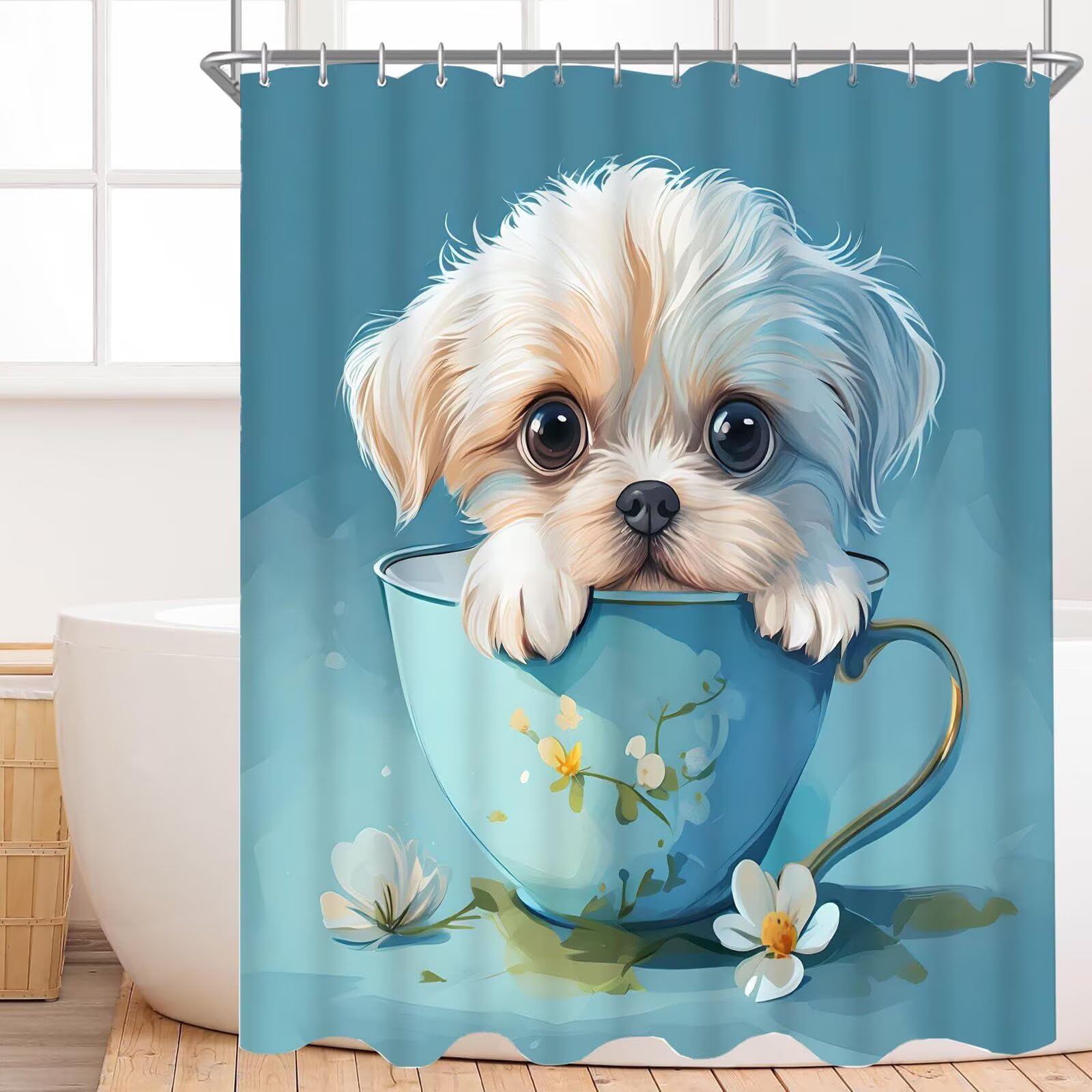 Duschvorhang 180 x 240 cm - Tee Tasse Hund, Shower Curtains mit 12 Duschringen, Schimmelresistent und Wasserabweisend, Duschvorhänge Polyester Stoff Waschbar Badezimmervorhang für Dusche Bad v-101