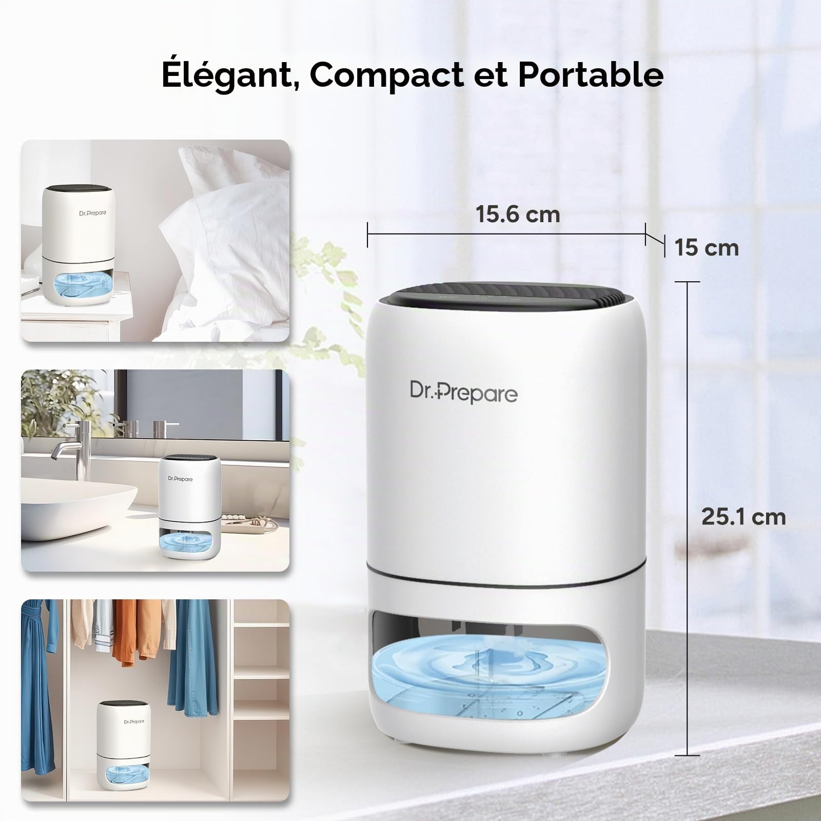 Dr.Prepare Deshumidificateur Electrique Deshumidificateur d air 1L Deshumidificateurs pour Chambre à Coucher Deshumidificateurs la Maison Portable et Ultra Silencieux, Chambre, Bains, Armoire