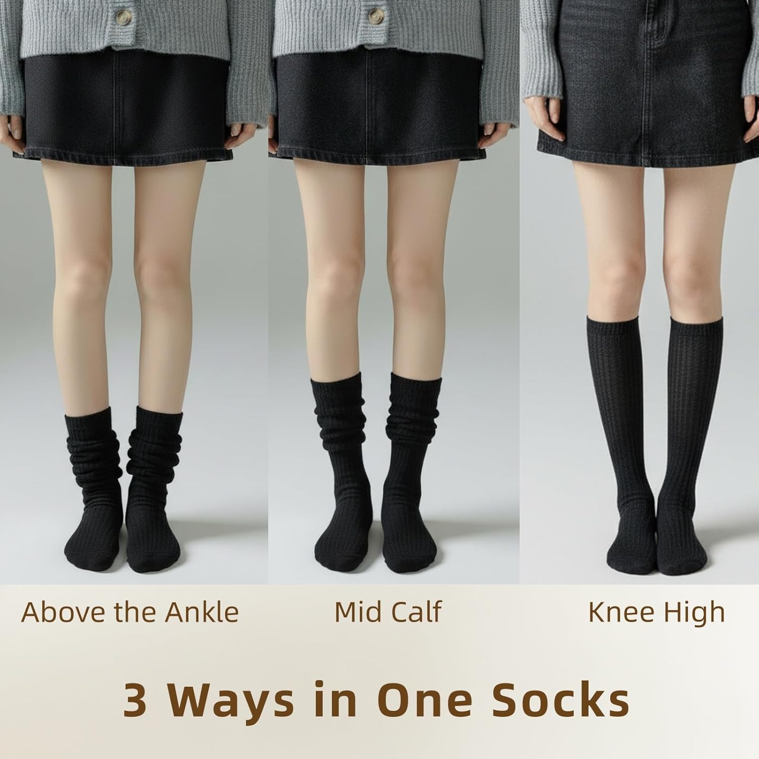 Womens Slouch Long Socks: 4 Pairs Boot Socks Pairs with Sneakers - Knit Ribbed Fabric - Image 2
