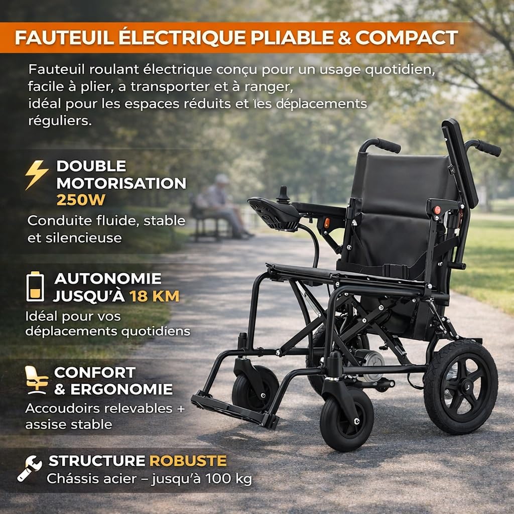 PLUS SANTE - SlimFlex, Fauteuil Roulant Électrique Pliable, Double Moteur 250W, Autonomie 18 km, Batterie 24V, Compact & Maniable, Intérieur/Extérieur