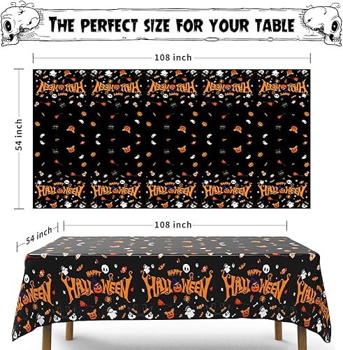 Miniatura 2 de Labeol Paquete de 3 manteles de Halloween, 108 x 54 pulgadas, manteles de Halloween negros, desechables, impermeables, de plástico, rectangular,