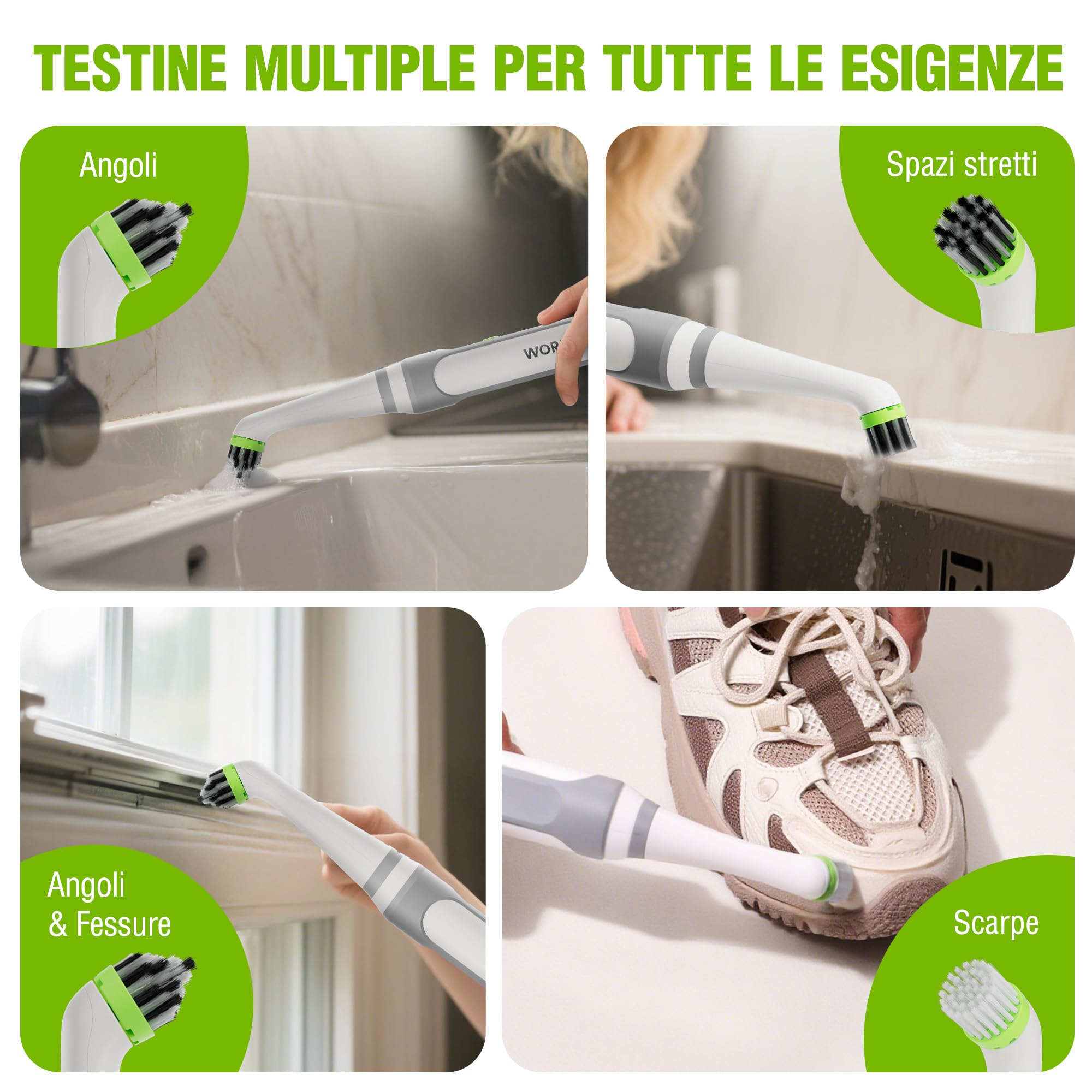 WORKPRO Spazzola Elettrica per la Pulizia per la Casa, 5500RPM, Imppermeabile IPX6 con Cavo di Rica USB-C e Testine Intercambiabili per la Pulizia di Piastrelle,Lavandini e Fughe