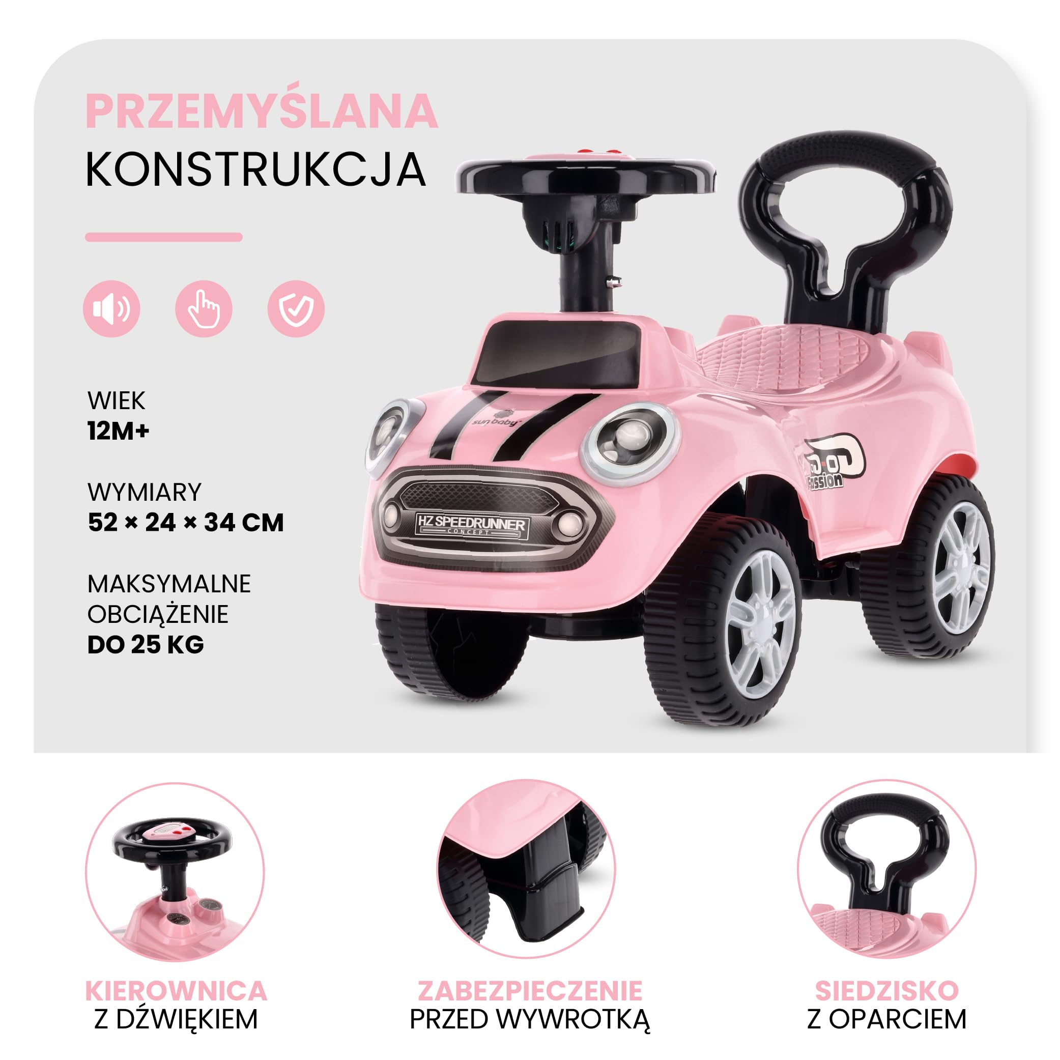 sun baby Jeździk pchacz dla dzieci GO GO Fassion, efekty dźwiękowe, plastikowe siedzisko i koła, zabezpieczenie przed przewróceniem się (Różowy)