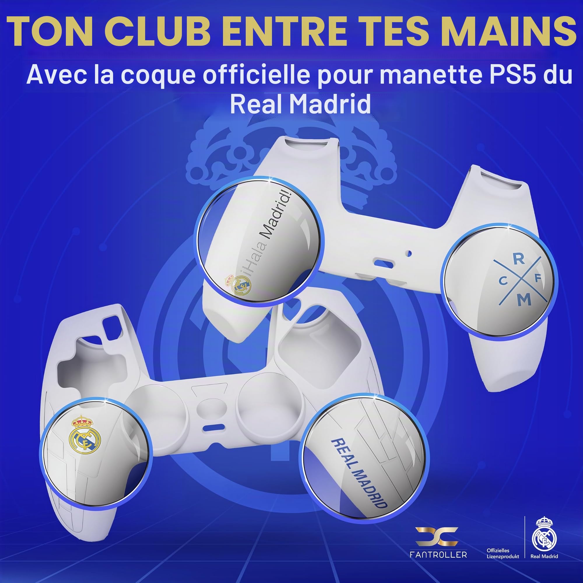 Étui de protection pour manette PS5 au design officiel du Real Madrid pour une protection et une adhérence maximales - Disponible en bleu et blanc