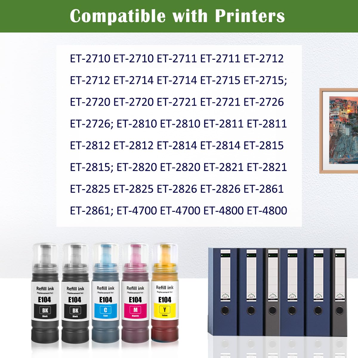 5Paquete Regenerado E104 Botellas de Tinta 4500 Página Negro 7500 Página CMY Para ET-2710 ET-2711 ET-2712 ET-2714 ET-2715 ET-2720 ET-2721 ET-2726 ET-4700 ET-2810 ET-2815 ET-2820 ET-2821 ET-2825