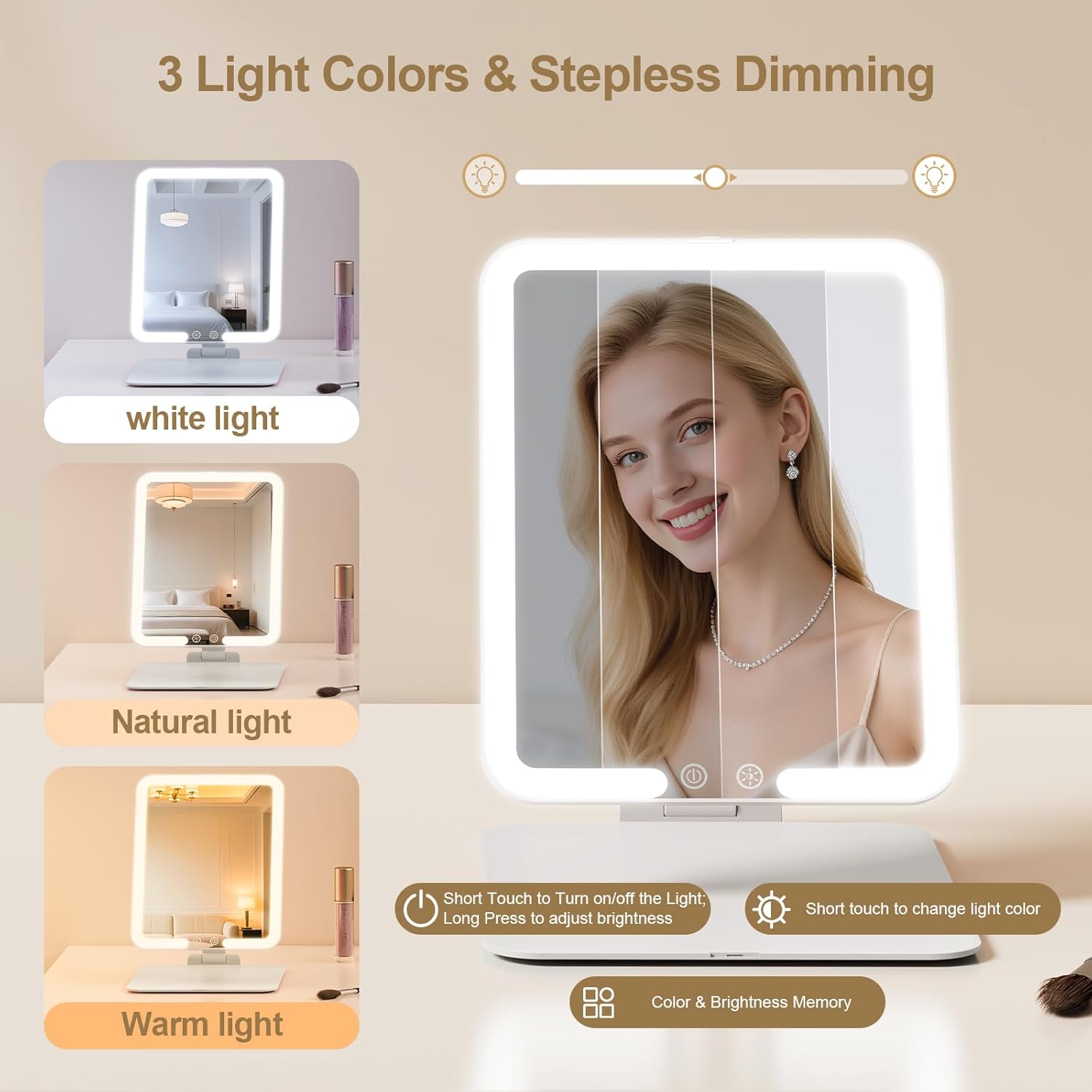 Benbilry Travel Makeup Mirror with Light, 15X Magnifying Mirror & 3 Color Modes, 1800mAh Rechargeable, Adjustable Height/Angle Stand, Foldable LED Vanity Mirror for Tabletop (White) - Image 4
