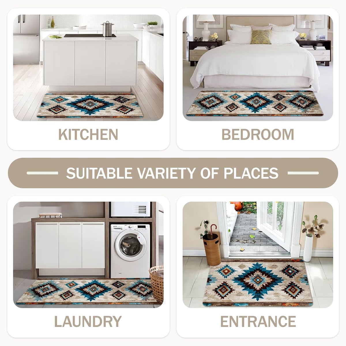 Navajo Kitchen Rugs Set of 2, Geometric Farmhouse Style Kitchen Mats with Rubber Backing Non Skid Washable, Southwestern Kitchen Decorations (17" x 29 + 17" x 47") - Image 6