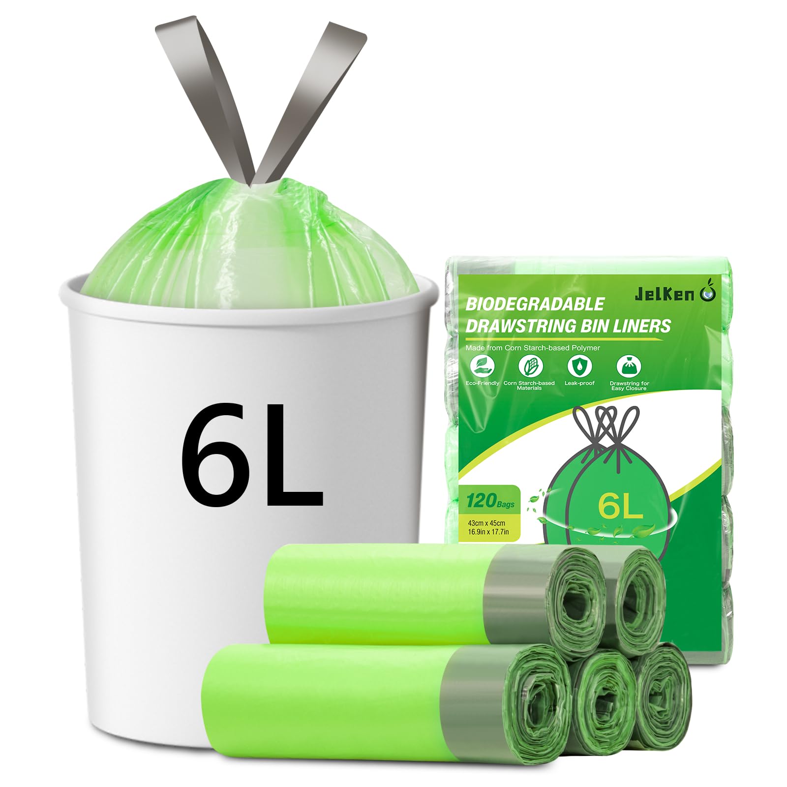 Jelken 120 Biodegradable Bin Liners 6L With Drawstring Tie Handle, Food Waste Bags Strong Trash Bags (43 X 45Cm)