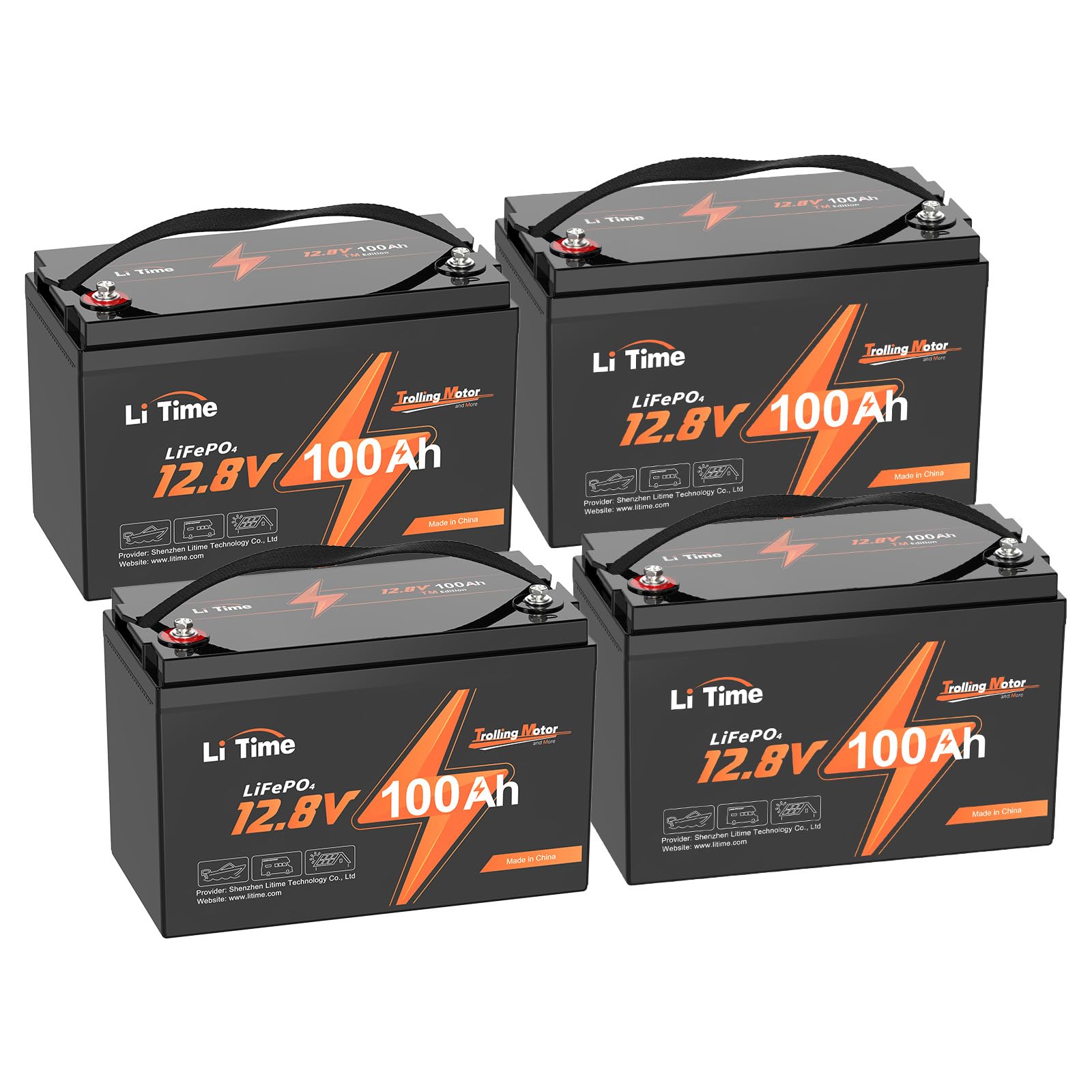 Litime 12V 100Ah Trolling Motor LiFePO4 Battery for Marine, Boat, RV（4Pack）