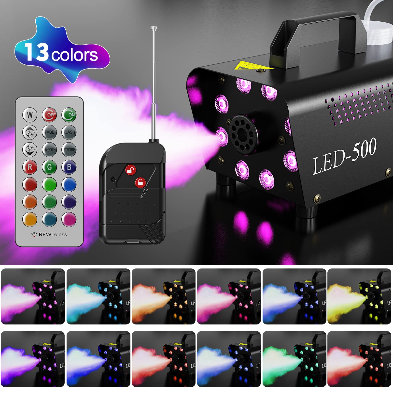 Smoke Machine, Fog Machine Halloween Outdoor- 8 Stage LED Lights with 13 Colors & Strobe Effect, Automatic Smoke Machine for Party Wedding Holiday, 500W with Receiver and Wireless Remote Controls