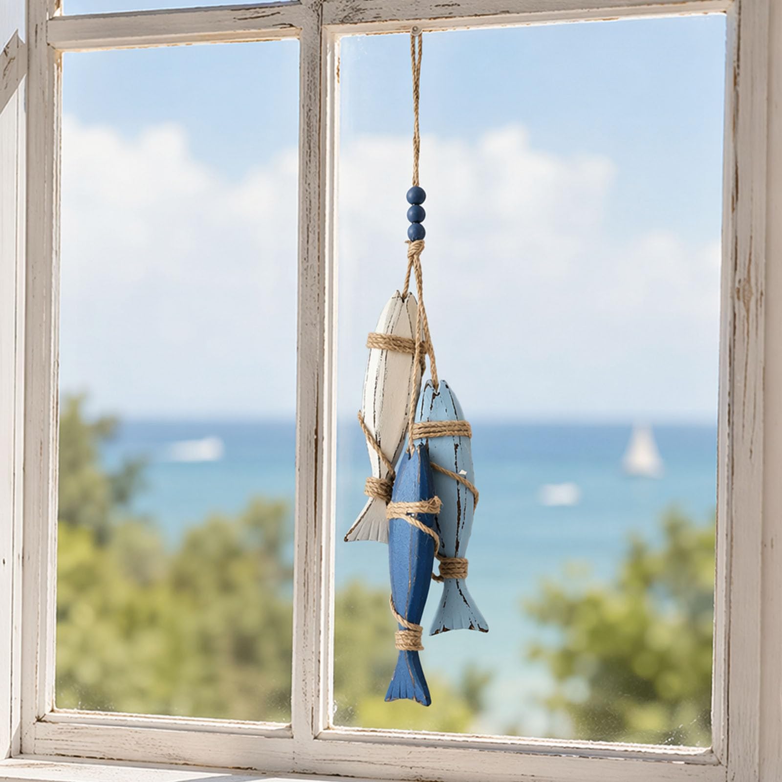 Mediterranean Nautical Wall Hanging Decor, Wooden Starfish and Fish Hanging