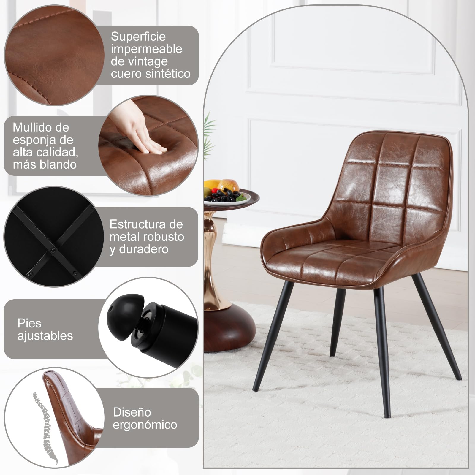 WOLTU Juego de 2 Sillas de Comedor,Cuero Sintético Retro,Marrón | Respaldo Medio,Acolchado, Estructura de Metal, Adecuadas para Comedor, Cocina, Salón y Dormitorio
