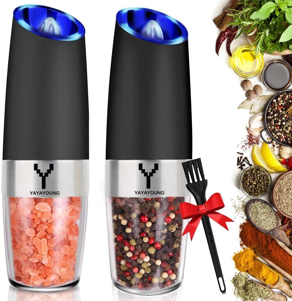 Gravity Electric Grinder set of 2,Automatic Pepper and Salt Mill Grinder with Blue LED LIGHT,Electric Pepper Mill with Adjustable Coarseness,Refillable,salt and pepper shaker,pepper grinder