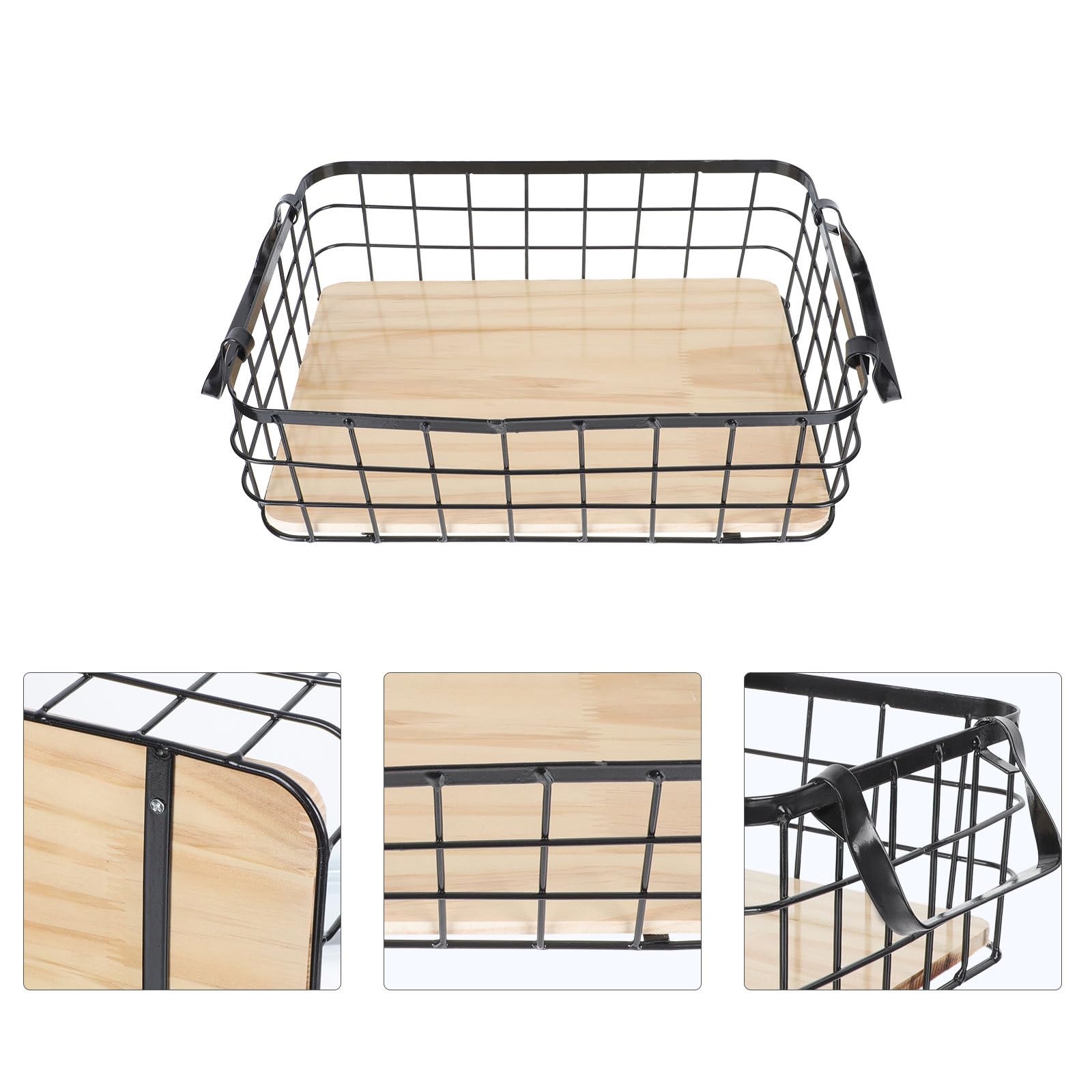 Hemobllo Schwarzer Aufbewahrungskorb aus Eisen mit Holzsockel Kleiner Rechteckiger Küchenkorb 32x22x11cm für Obst und Snacks Multifunktionaler Haushalts Organizer mit Tragegriffen