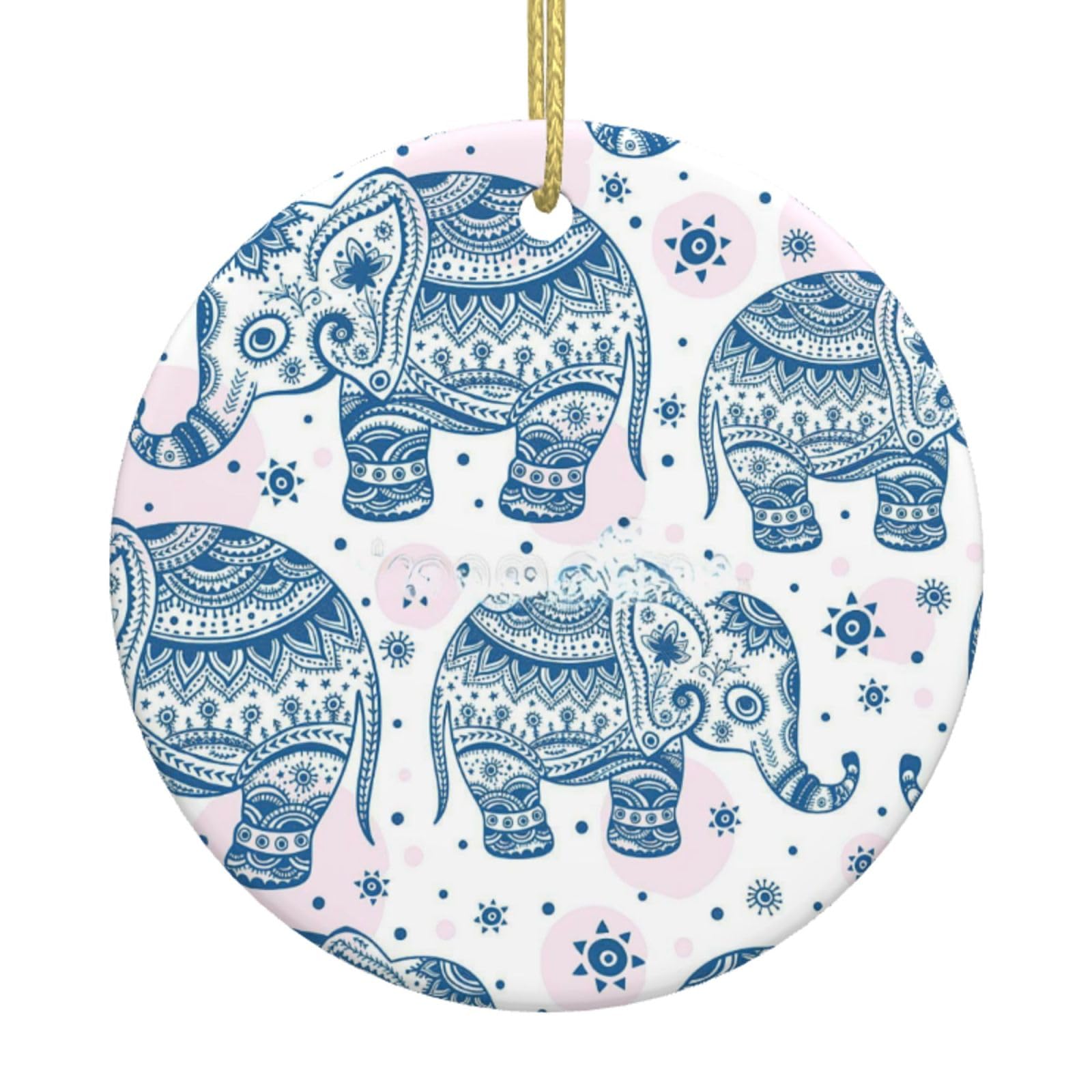 Boho Elephant Print Christmas Ornaments, Ceramic Hanging Ornament, Round Shape Decorations