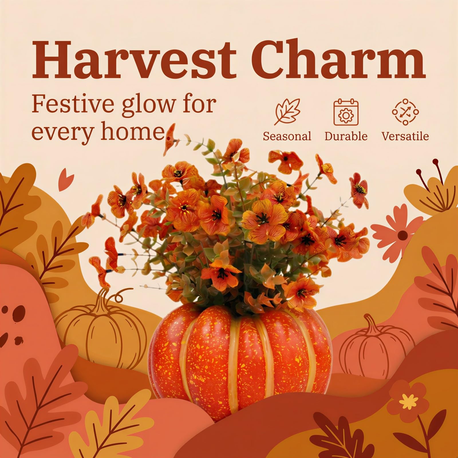 Künstlicher Kürbis Herbstdeko mit Kunstblumen und Laub, realistische Herbst Tischdekoration für Halloween, Heimdekoration, Thanksgiving und Erntefest, für drinnen und geschützte Außenbereiche