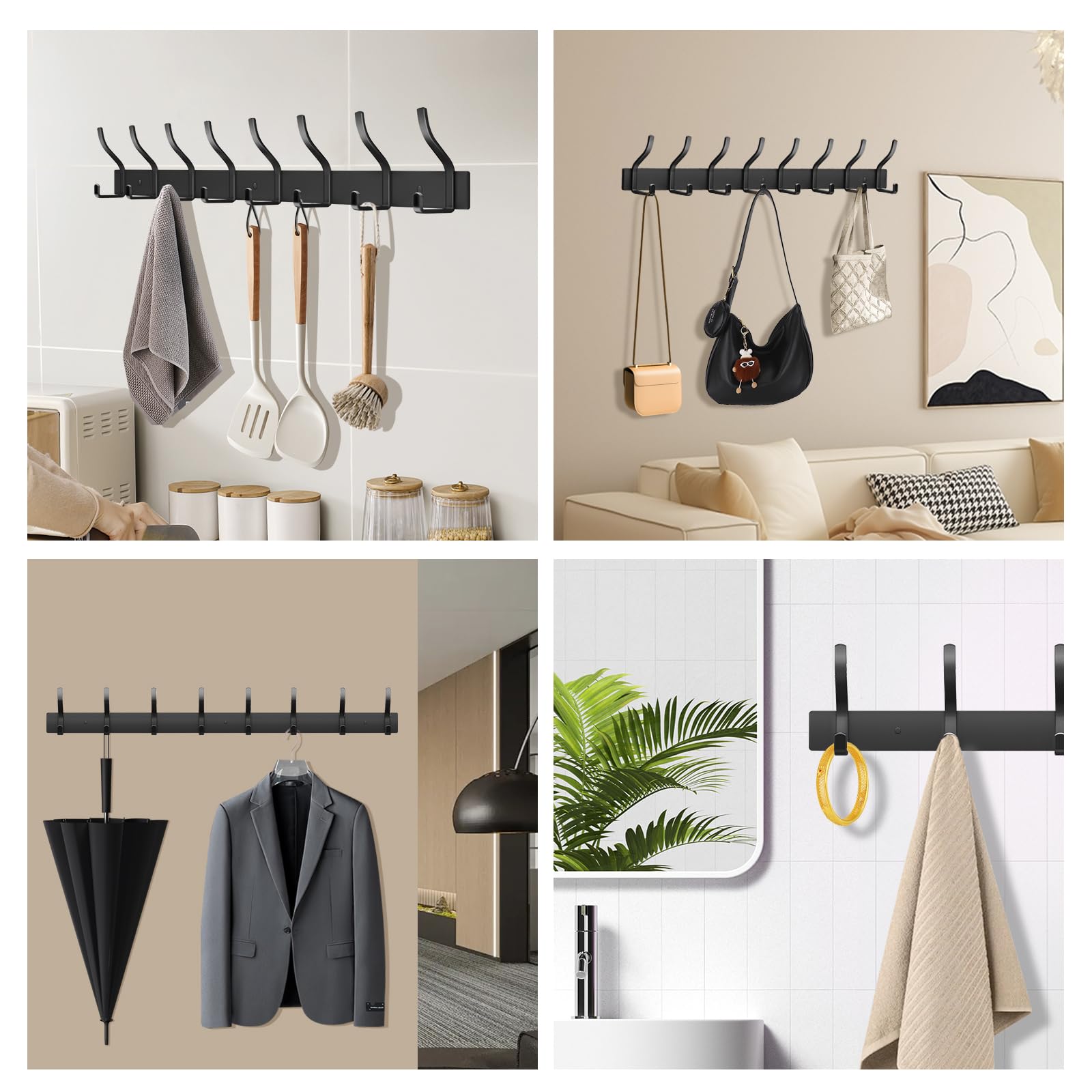 Percheros Pared, Percha Pared Colgador de Acero Inoxidable, Ganchos para Colgar para Recibidor Baño y Cocina (Negro, 8 Ganchos 2Pcs)